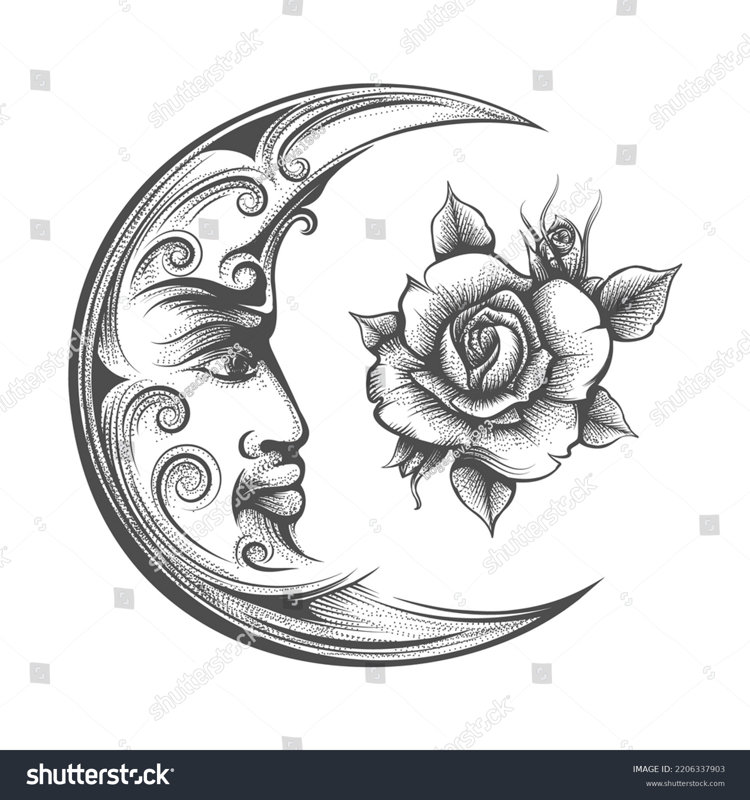 Engraving Crescent Moon Rose Flower Esoteric Stock Vector (Royalty Free ...