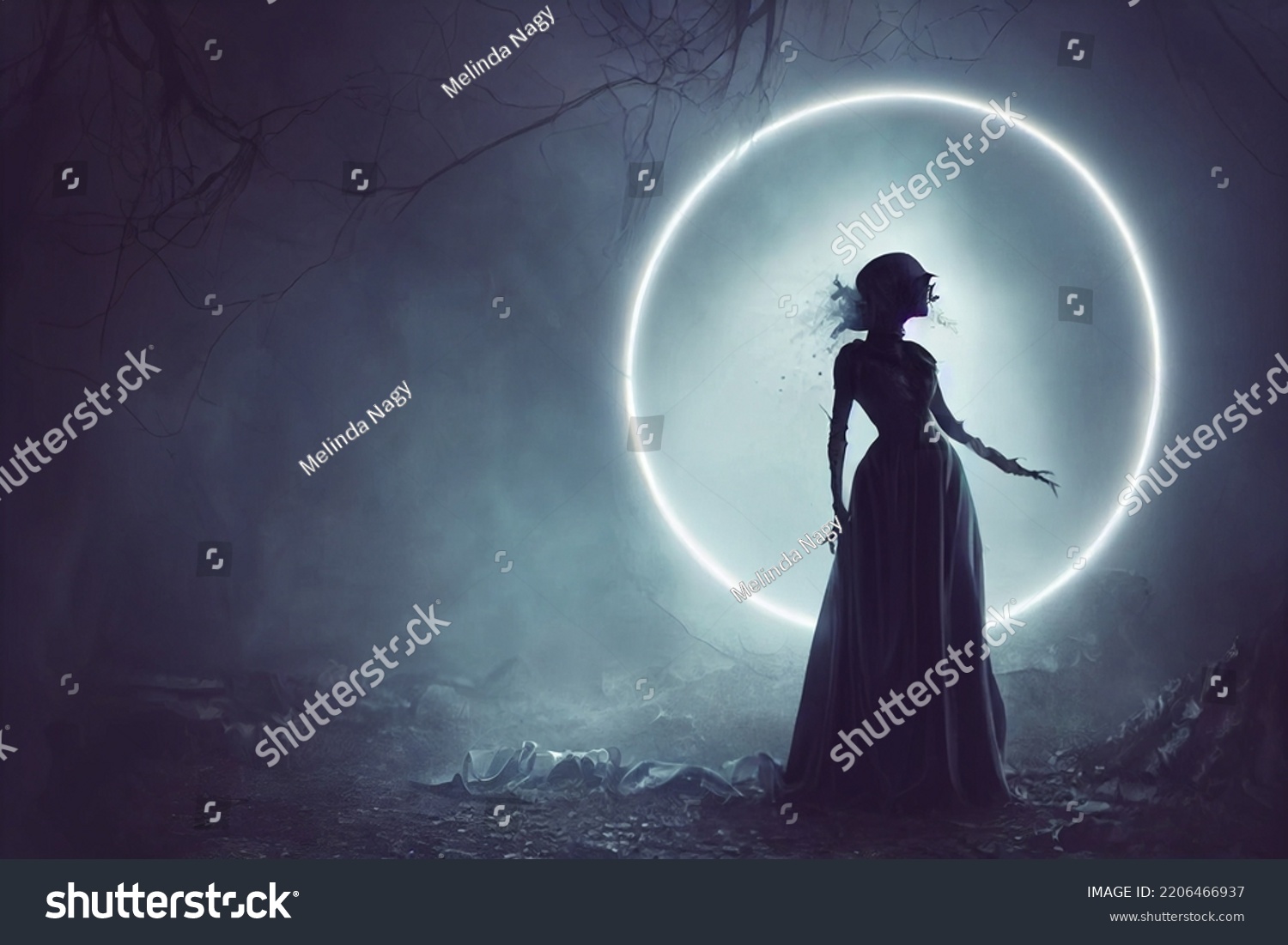 Horror Background Ghostly Figure Enchanted Forest Stock Illustration