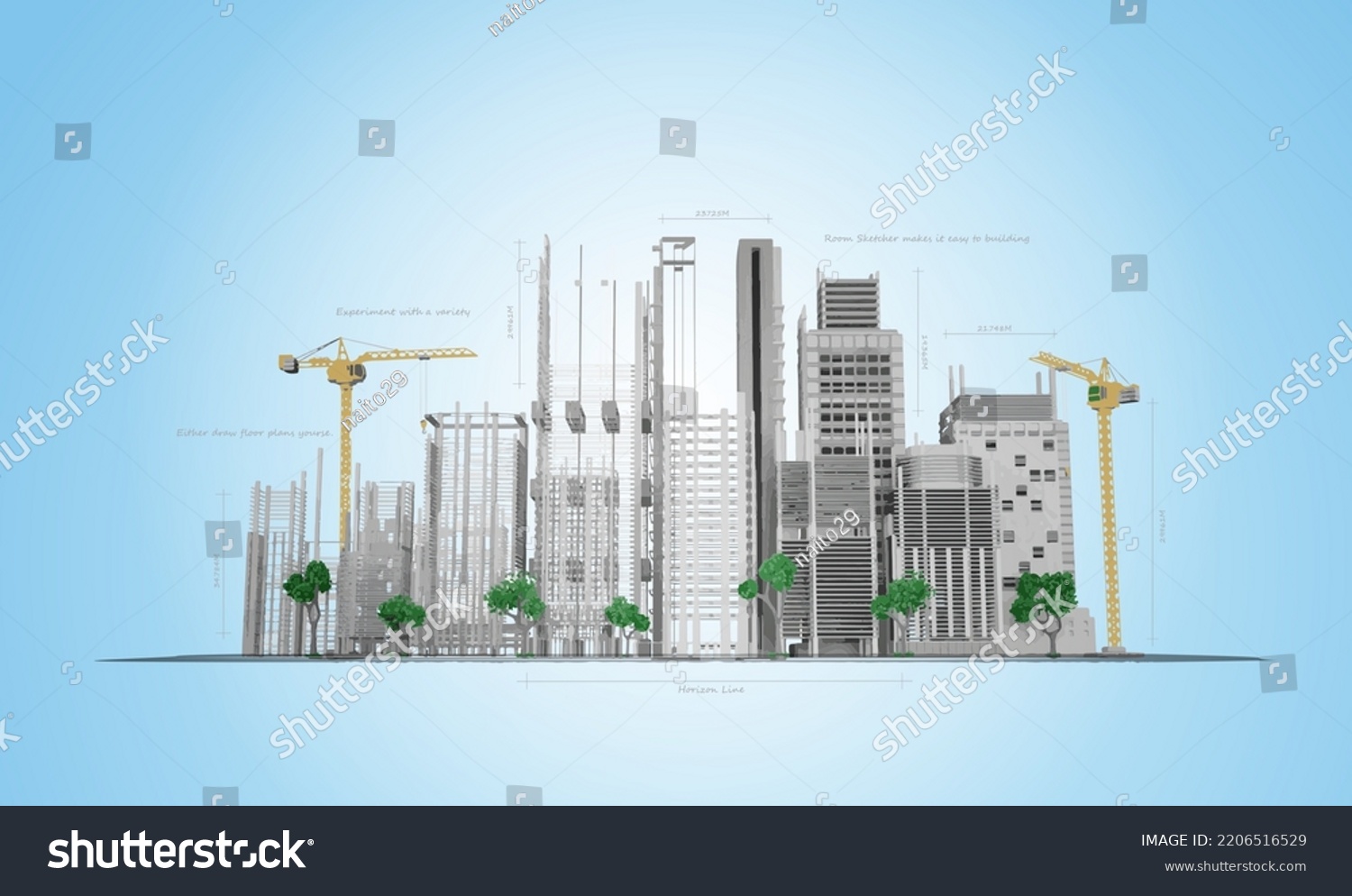 Skyscrapers Building Process On Blueprints Drawing Stock Vector ...