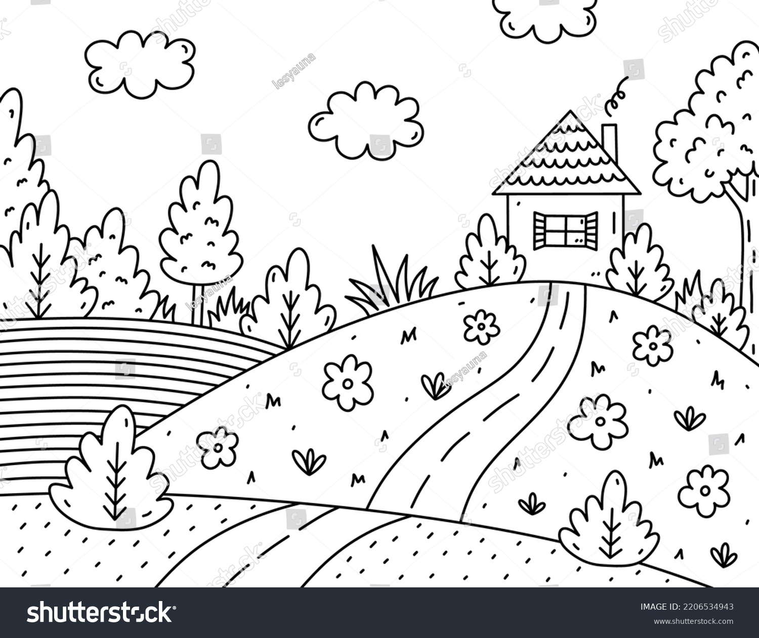 Cute Kids Coloring Page Landscape Clouds Stock Vector (Royalty Free ...