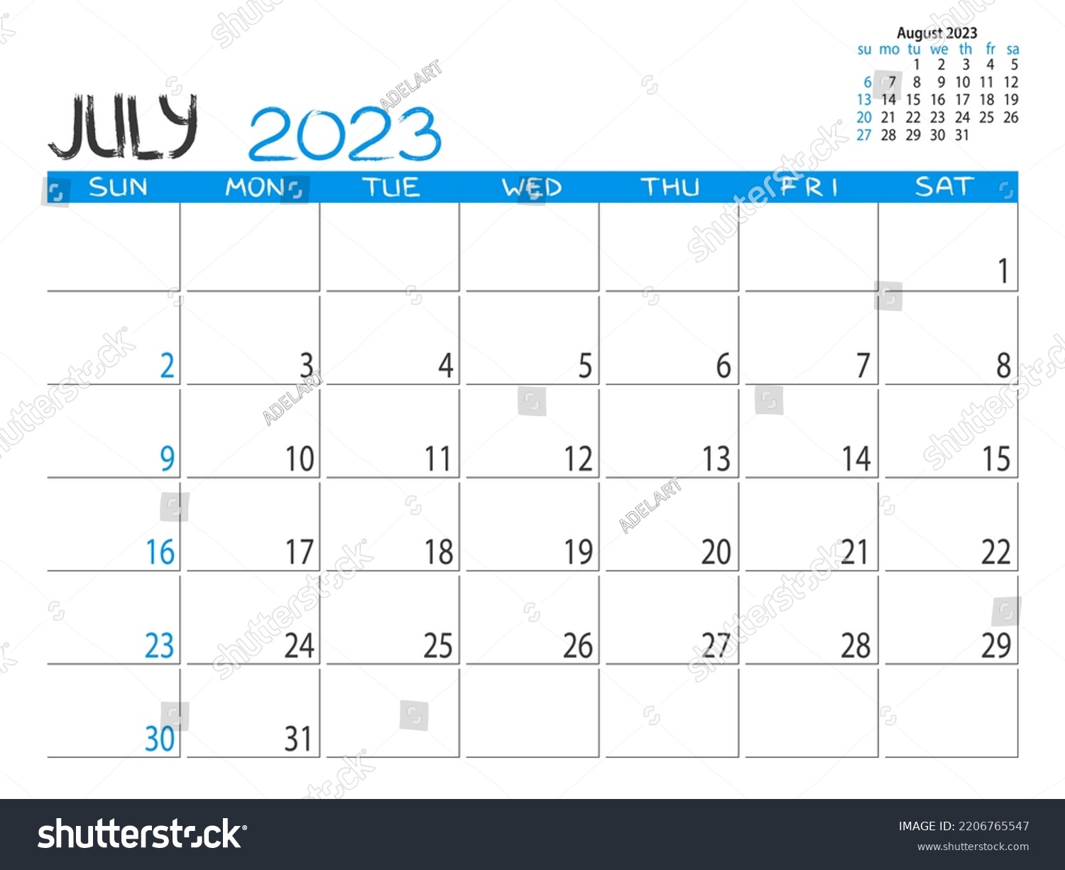 Calendar 2023 Year July 2023 Planner Stock Vector (Royalty Free ...