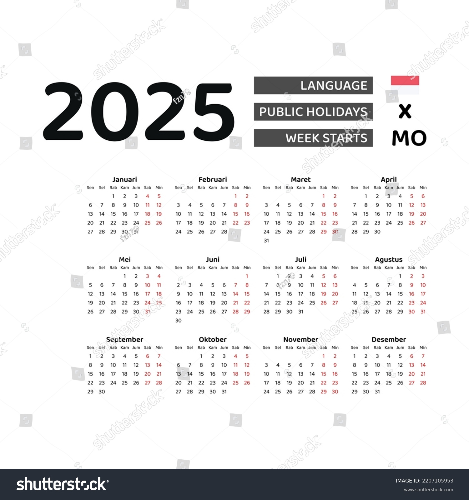 Indonesia Calendar 2025 Week Starts Monday Stock Vector (Royalty Free) 2207105953  Shutterstock