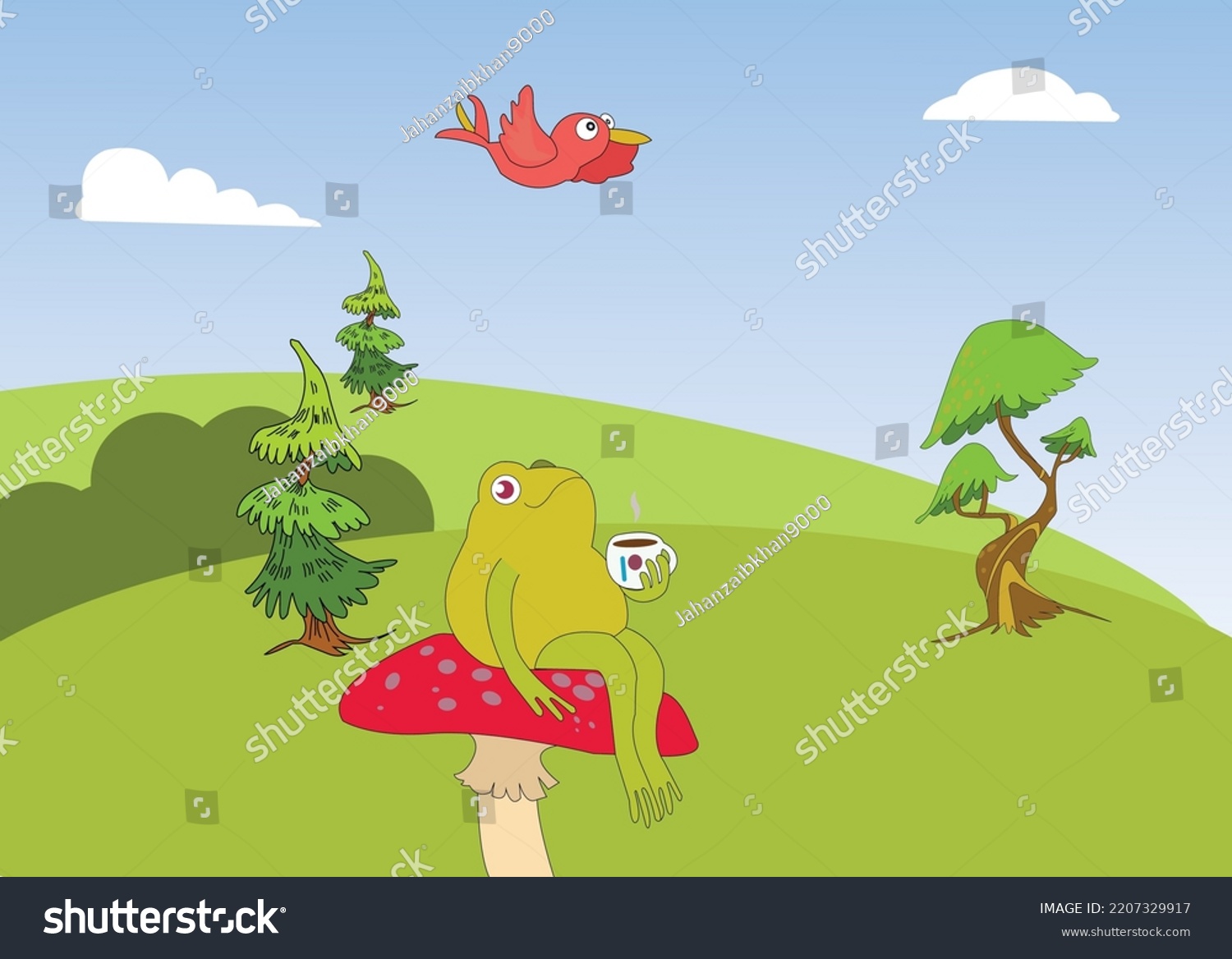 Cute Frog Sitting On Mushroom Vector Stock Vector (Royalty Free ...