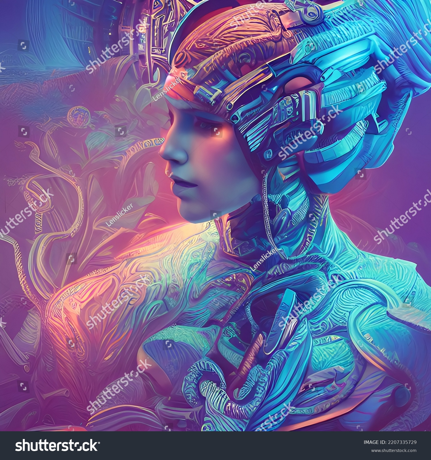 Highly Details Fantasy Busts Cyberpunk Woman Stock Illustration