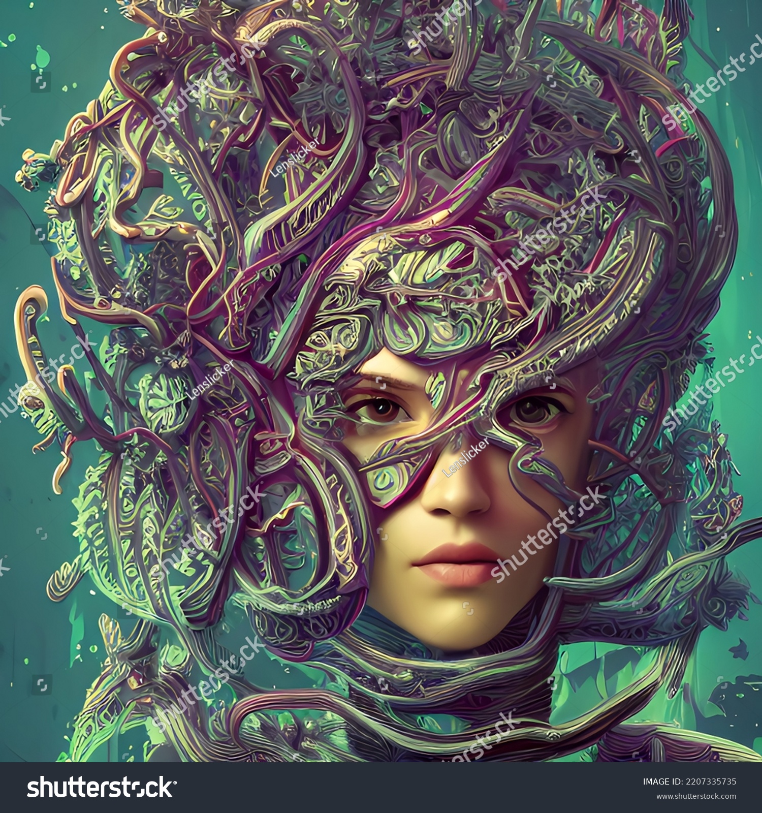 Highly Details Fantasy Busts Cyberpunk Woman Stock Illustration