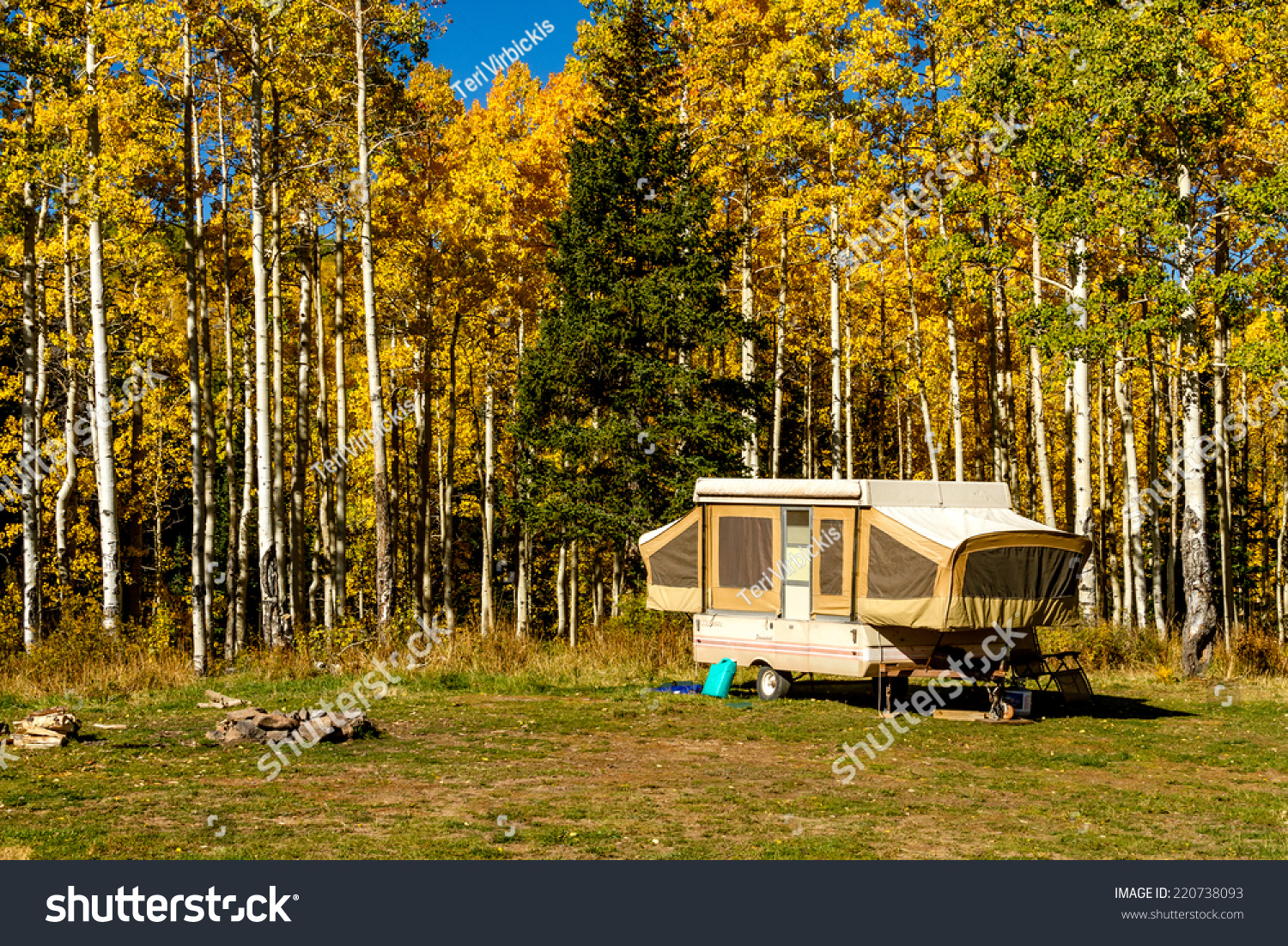 Pop Camper Trailer Parked Campsite Changing Stock Photo 220738093 pop-camper-trailer-parked-campsite-changing-stock-photo-220738093