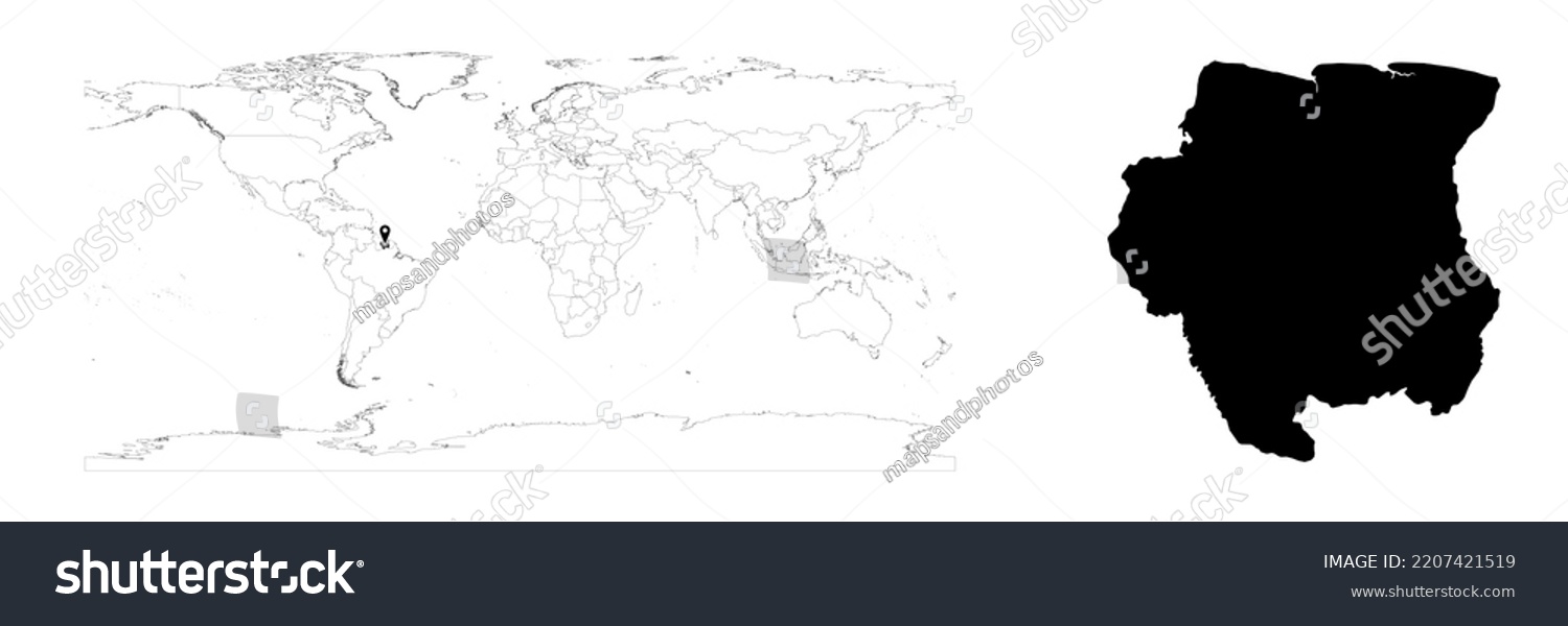 Vector Suriname Map Showing Country Location Stock Vector Royalty Free   Stock Vector Vector Suriname Map Showing Country Location On World Map And Solid Map For Suriname On White 2207421519 