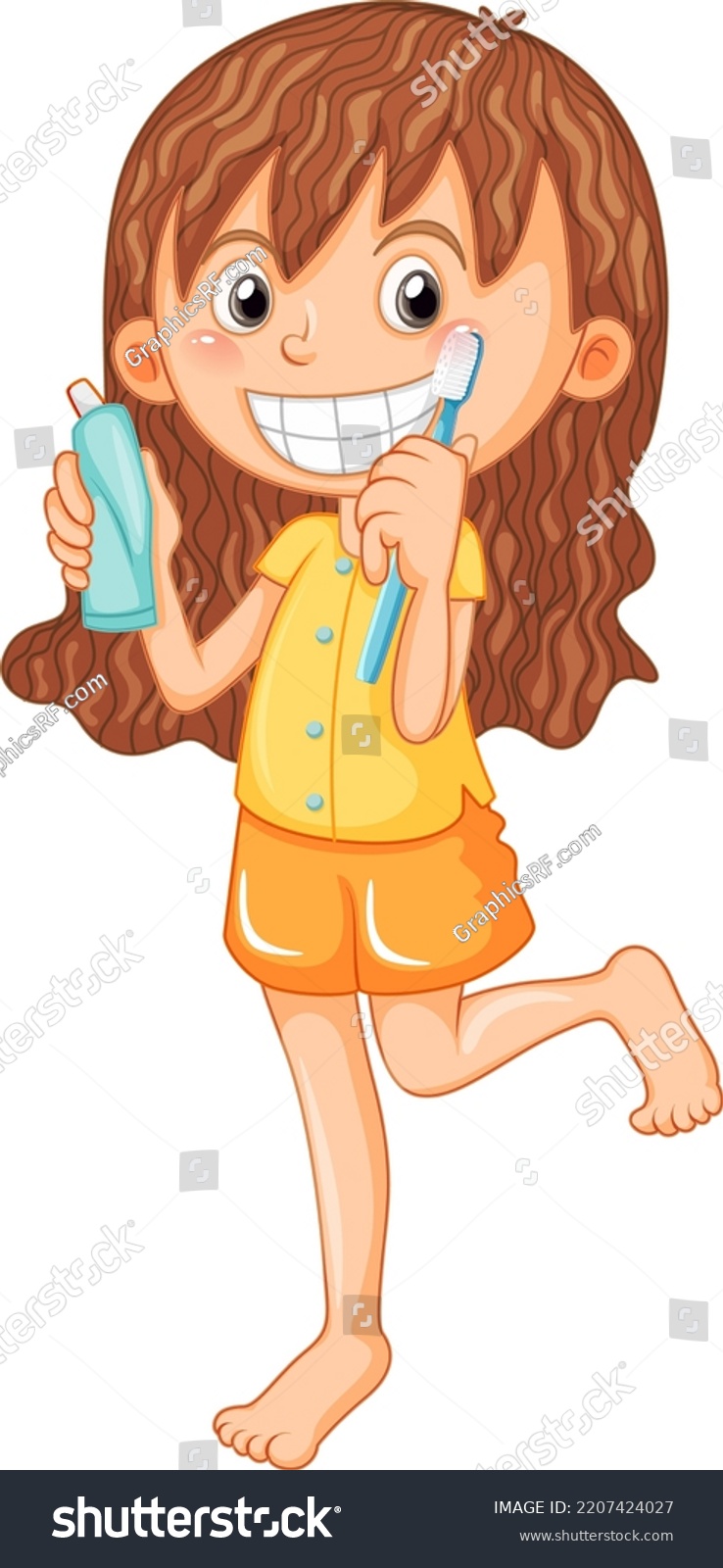 Cute Girl Cartoon Character Brushing Teeth Stock Vector (Royalty Free ...