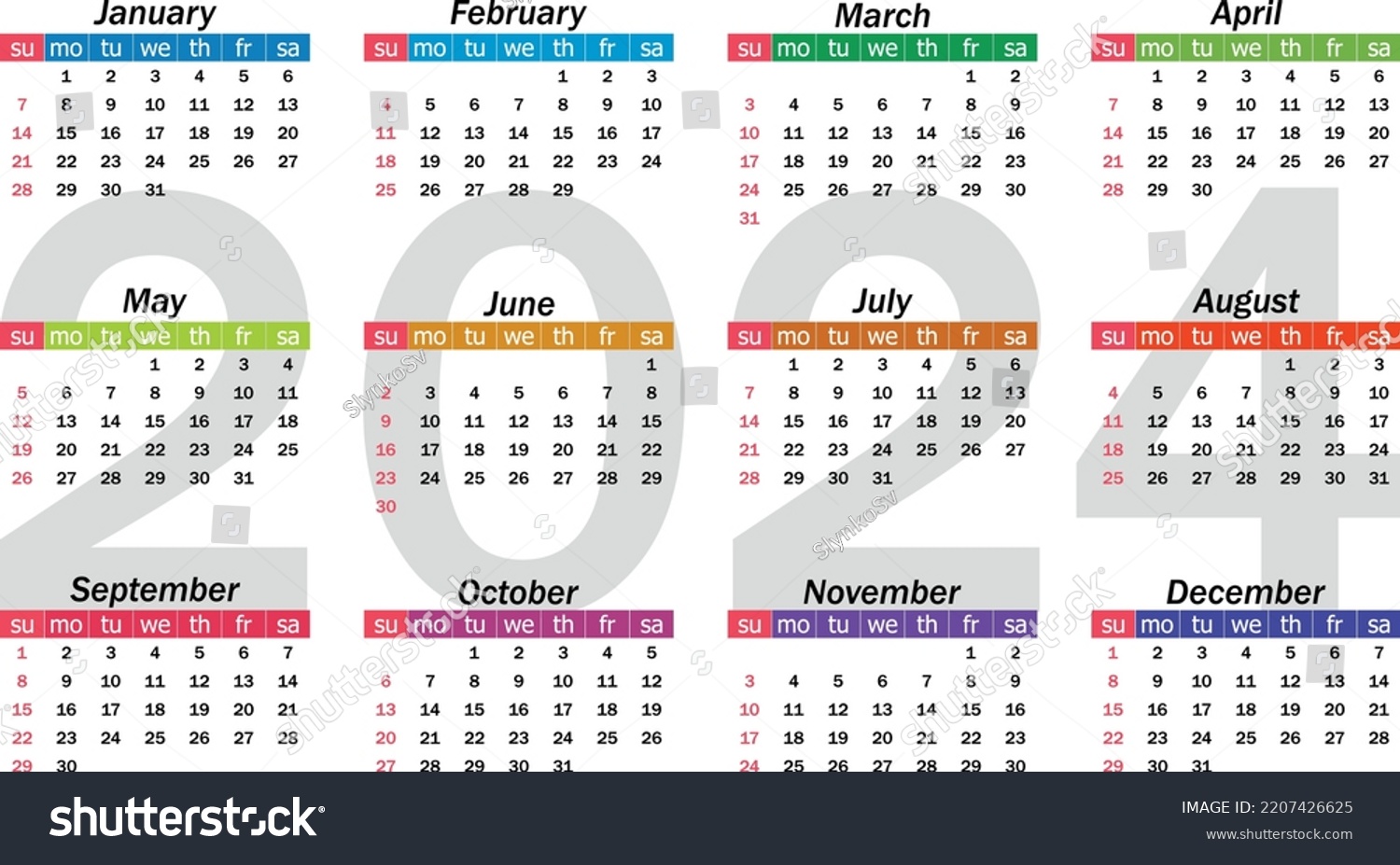 Calendar 2024 Yearly Week Starts On Stock Vector (Royalty Free ...