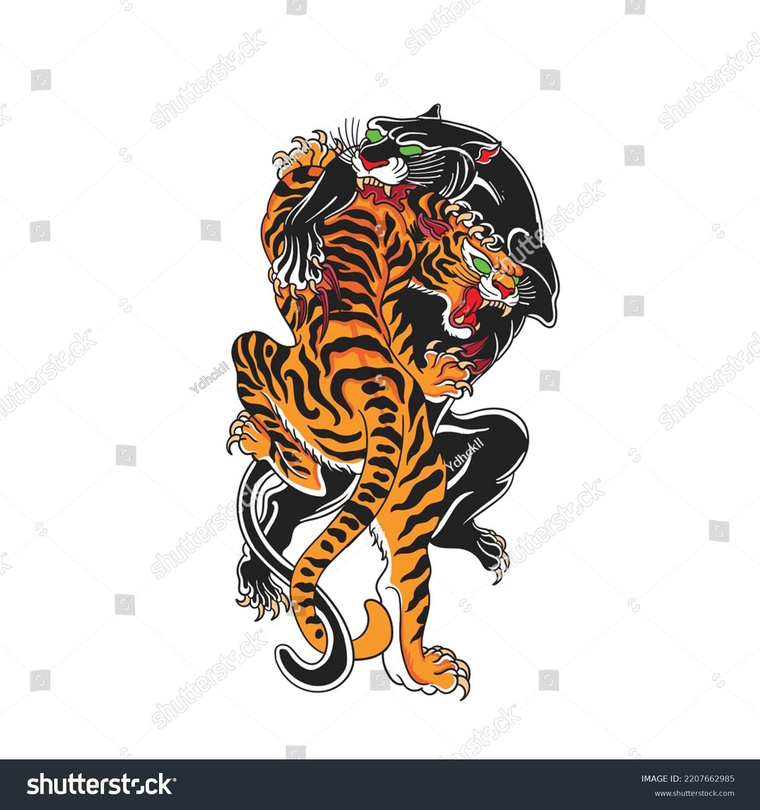 Fighting Tiger Panther Traditional Tattoo Design Stock Vector (Royalty ...