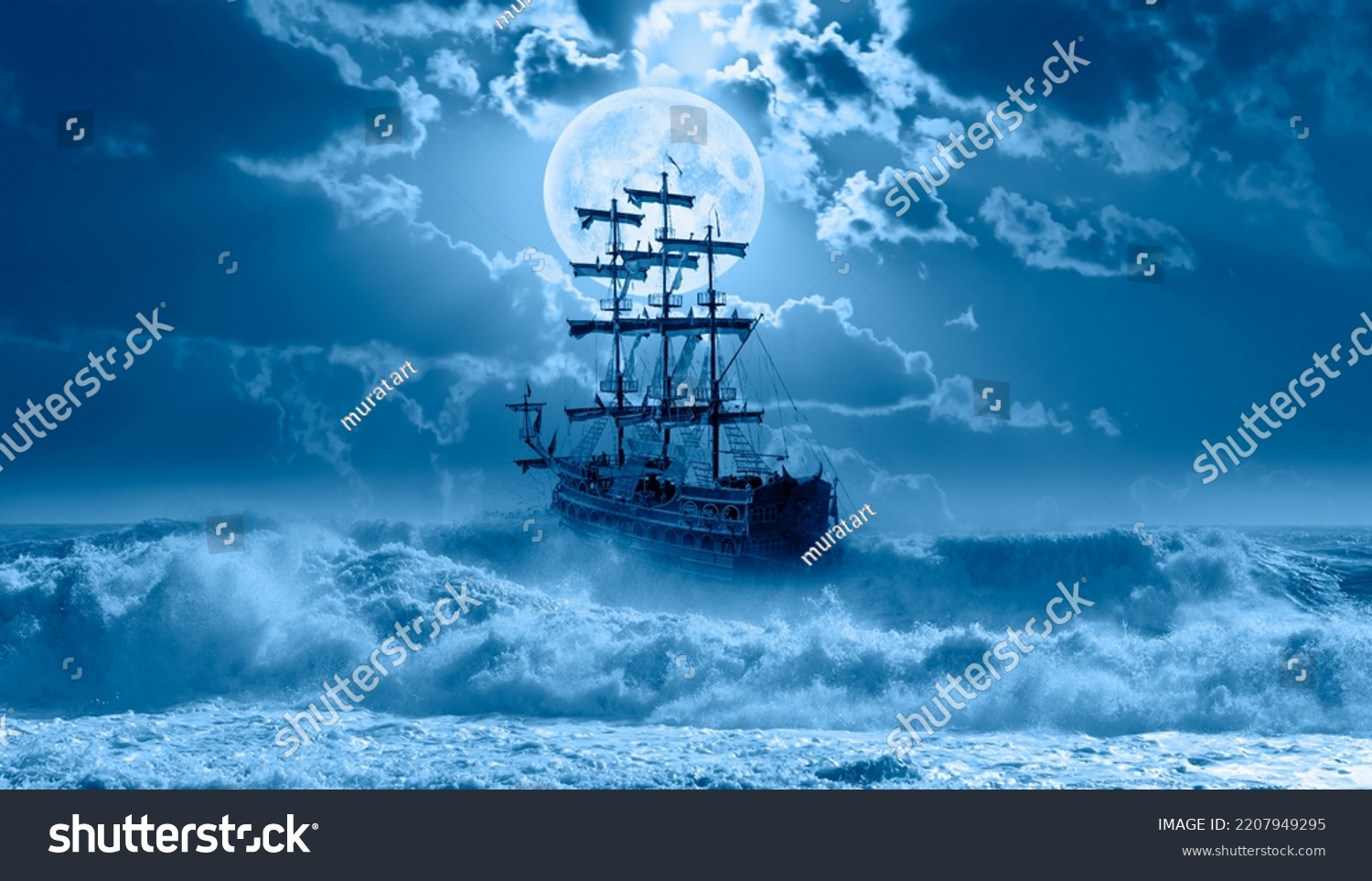 Sailing Old Ship Storm Sea Sunset Stock Photo 2207949295 