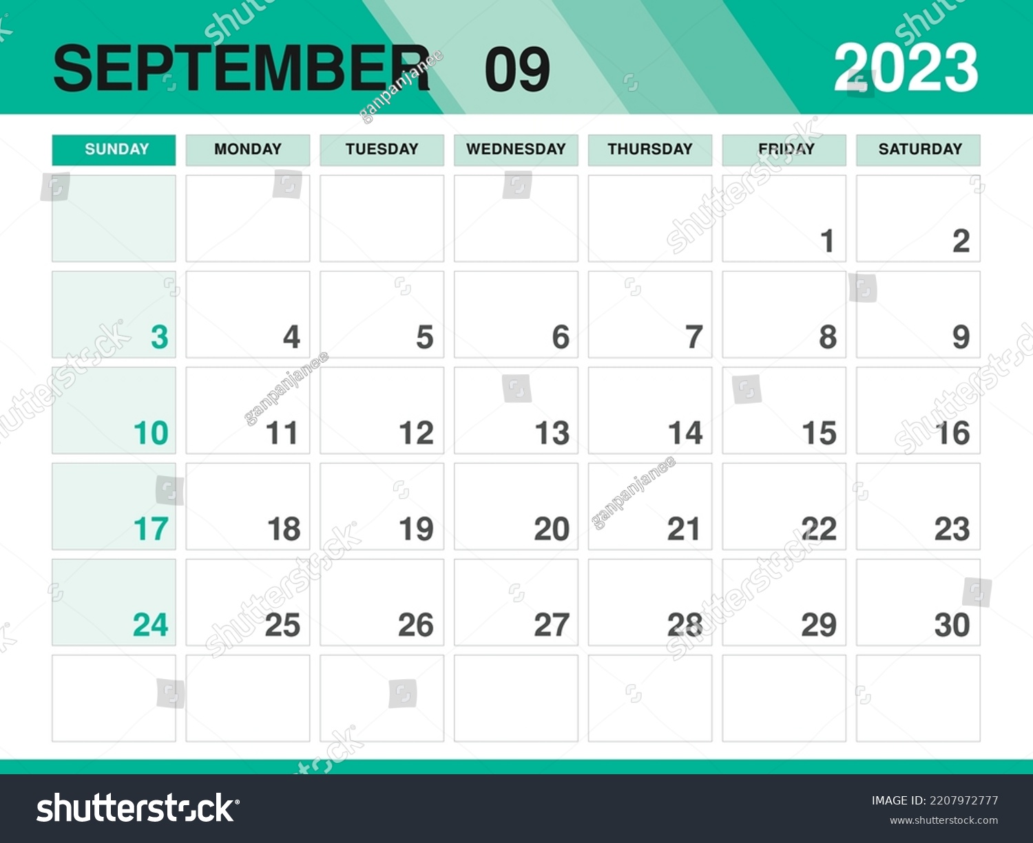 September 2023 Template Calendar 2023 Template Stock Vector (Royalty ...