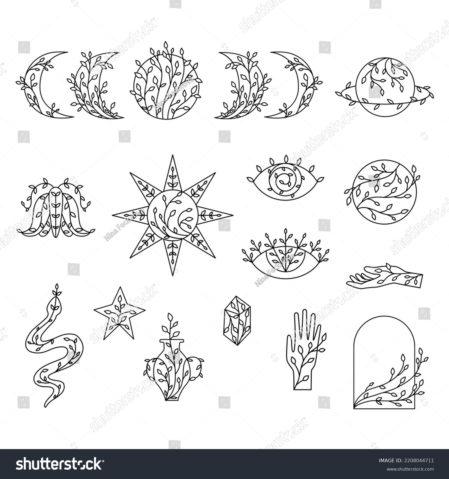 Set Outline Floral Moon Phases Sun Stock Vector (Royalty Free ...