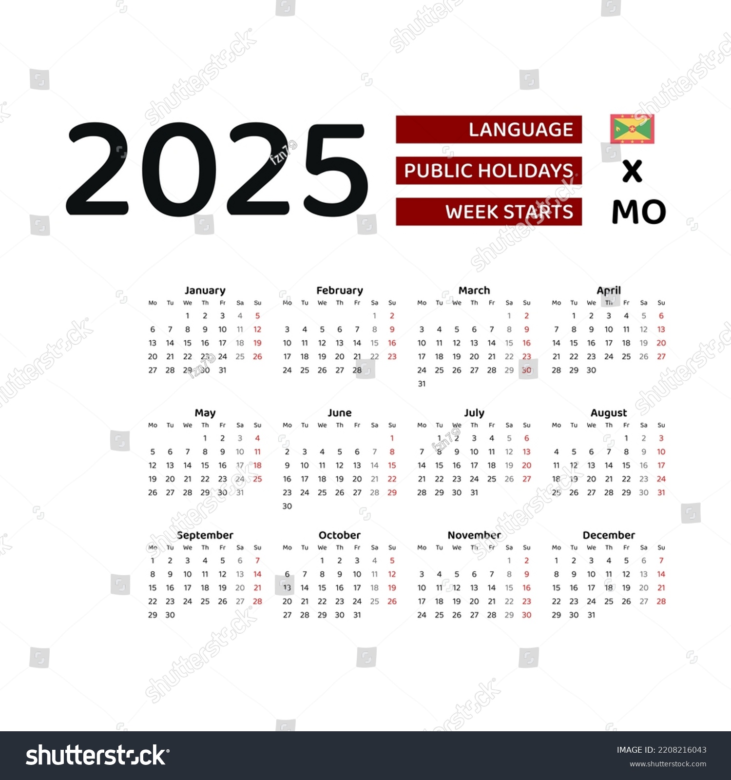 Grenada Calendar 2025 Week Starts Monday Stock Vector (Royalty Free