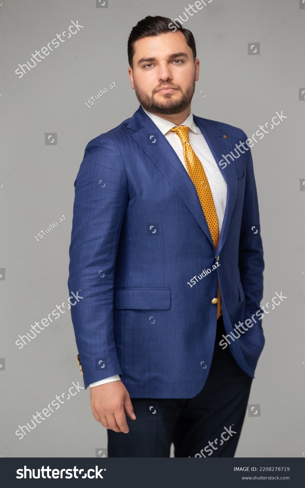 Caucasian Businessman Blue Suit Yellow Tie Stock Photo 2208278719