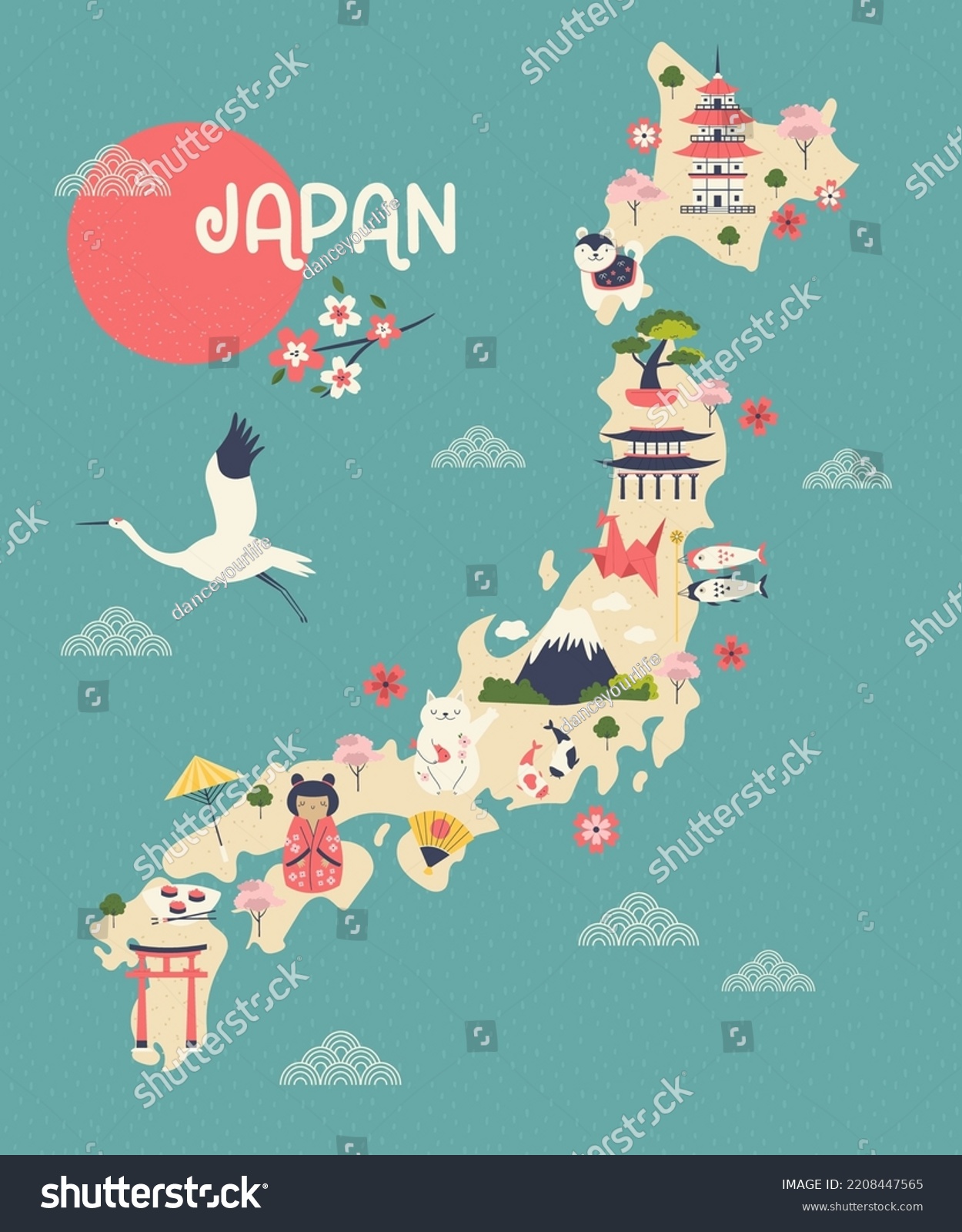 Illustrated Map Japan Famous Symbols Landmarks Stock Vector (Royalty ...