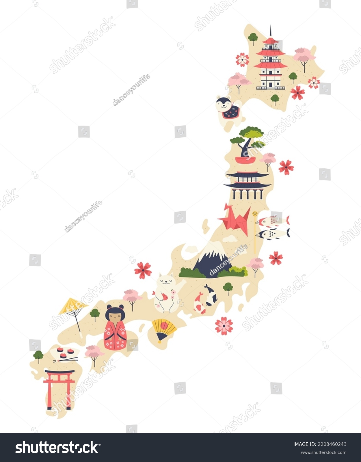 Illustrated Map Japan Famous Symbols Landmarks Stock Vector (Royalty ...