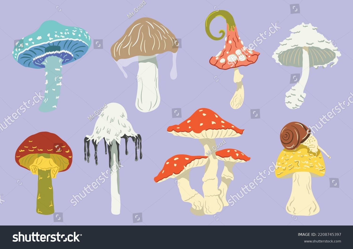 Cartoon Mushrooms Set Poisonous Mushrooms Hallucinogenic Stock Vector ...