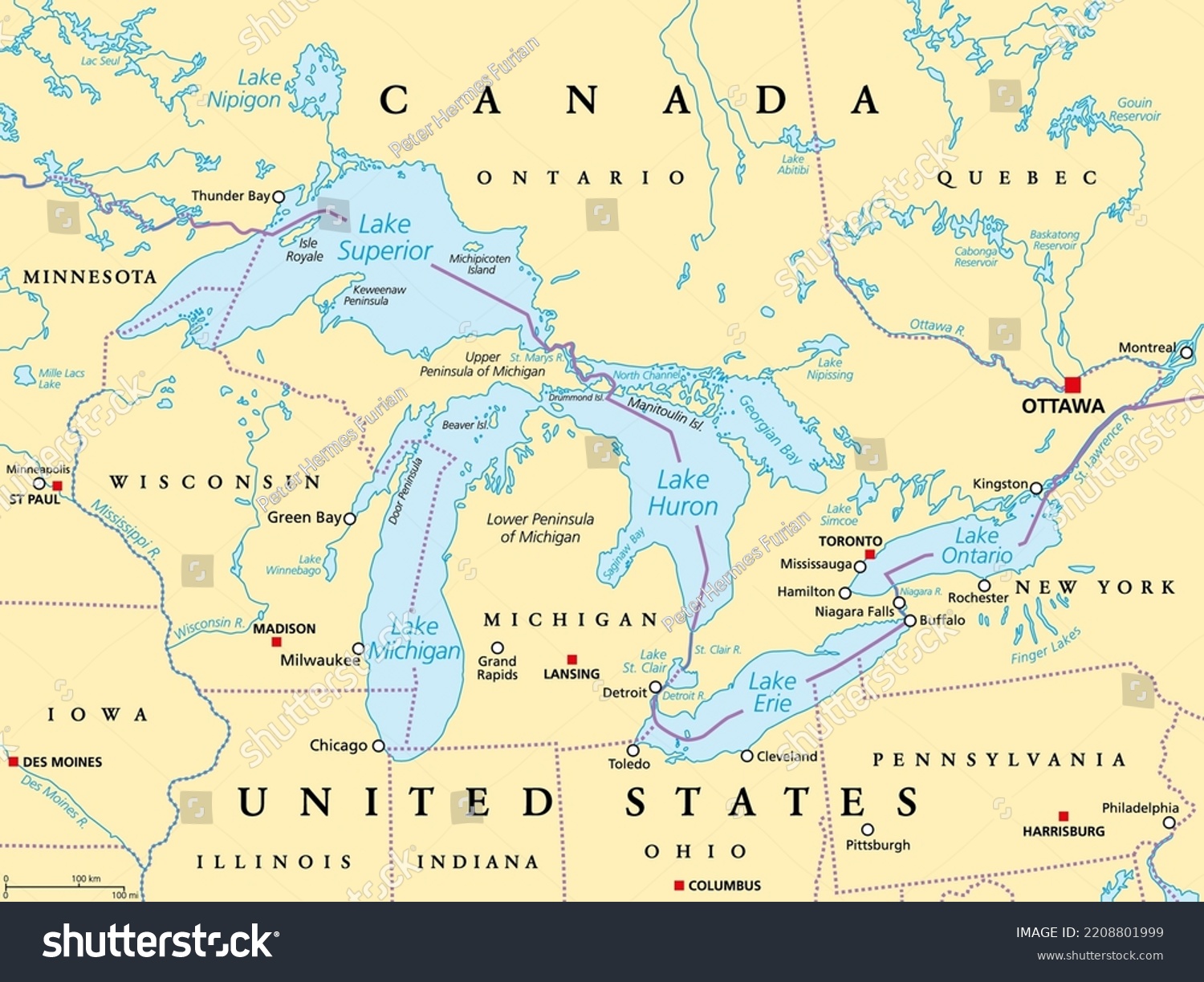 Great Lakes North America Political Map Stock Vector (Royalty Free ...