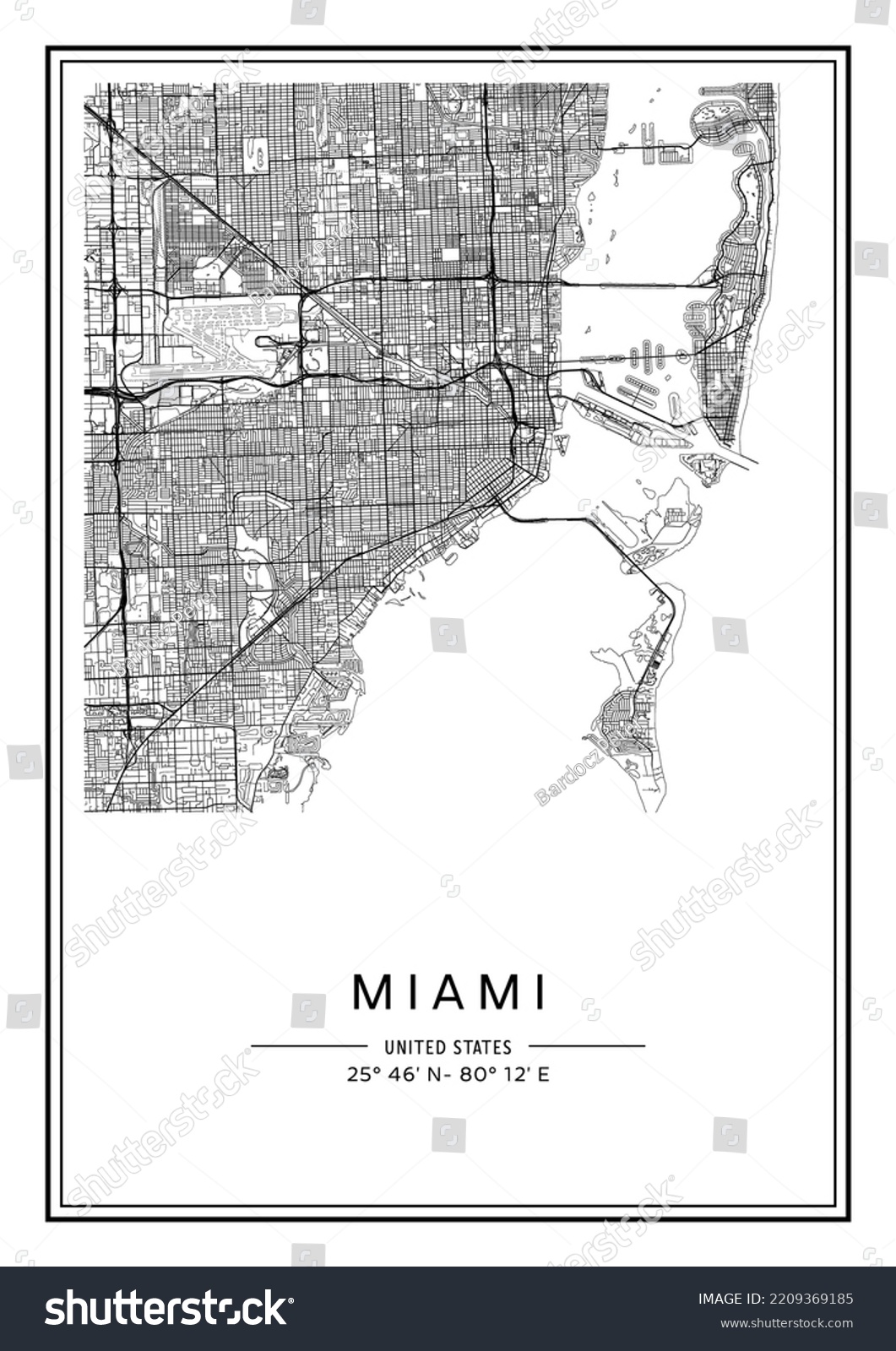 Black White Printable Miami City Map Stock Vector (Royalty Free ...