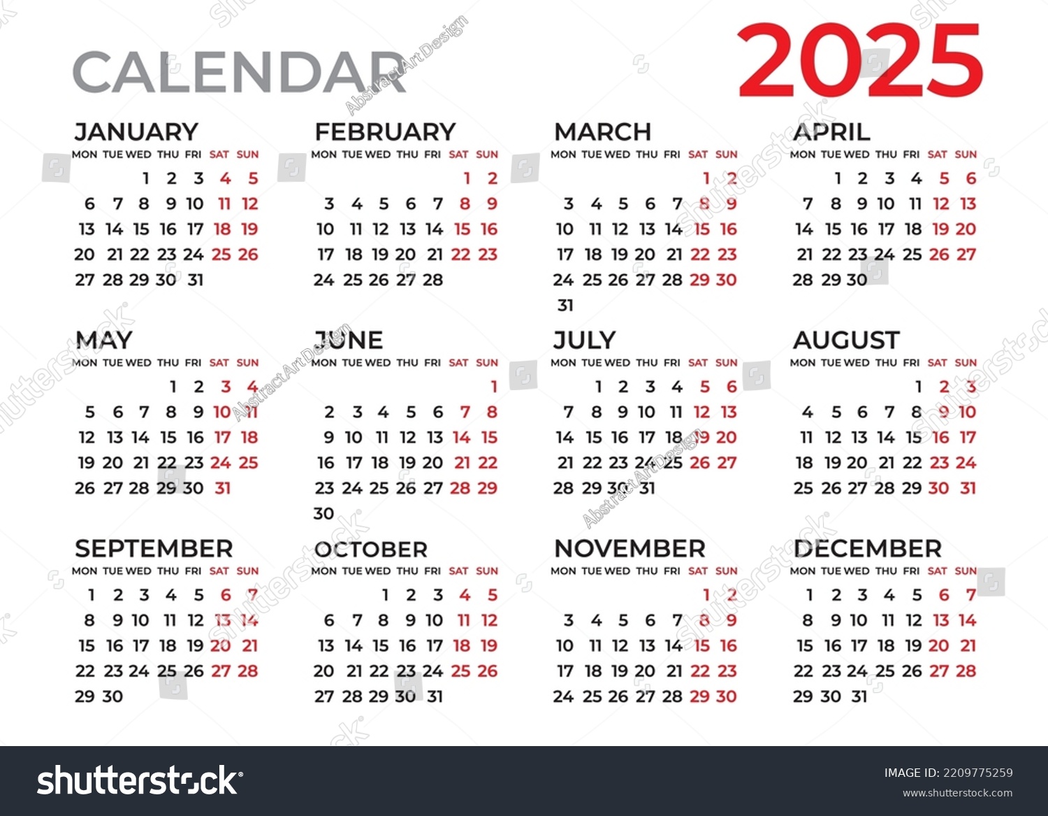 Calendar 2025 Template Planner 2025 Year Stock Vector (Royalty Free ...