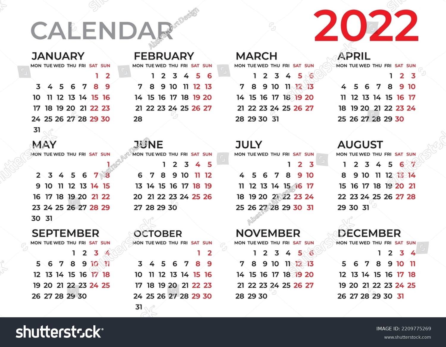 Calendar 2022 Template Planner 2022 Year Stock Vector (Royalty Free ...