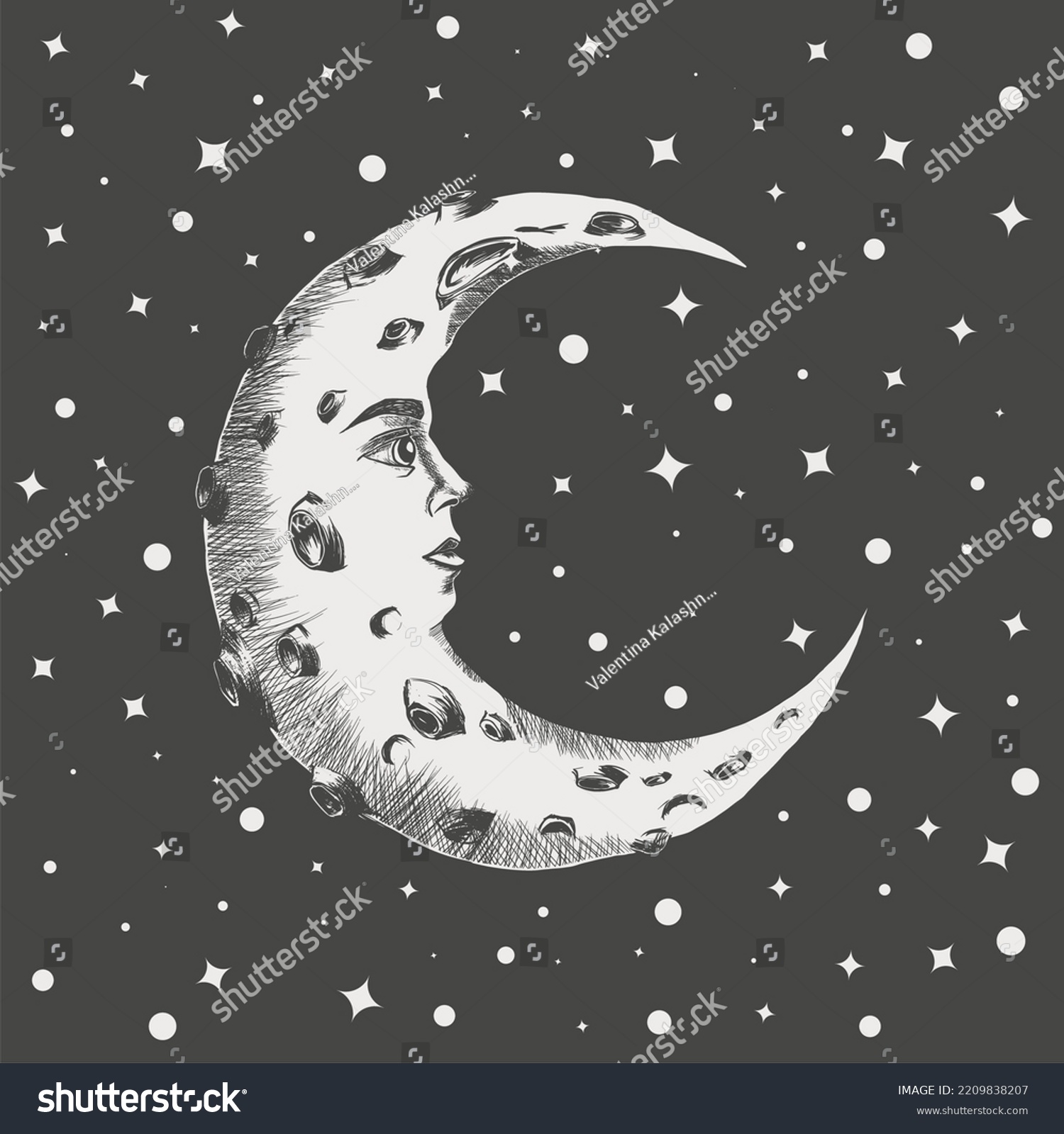 Crescent Moon Face Craters Sketch Night Stock Vector (Royalty Free ...