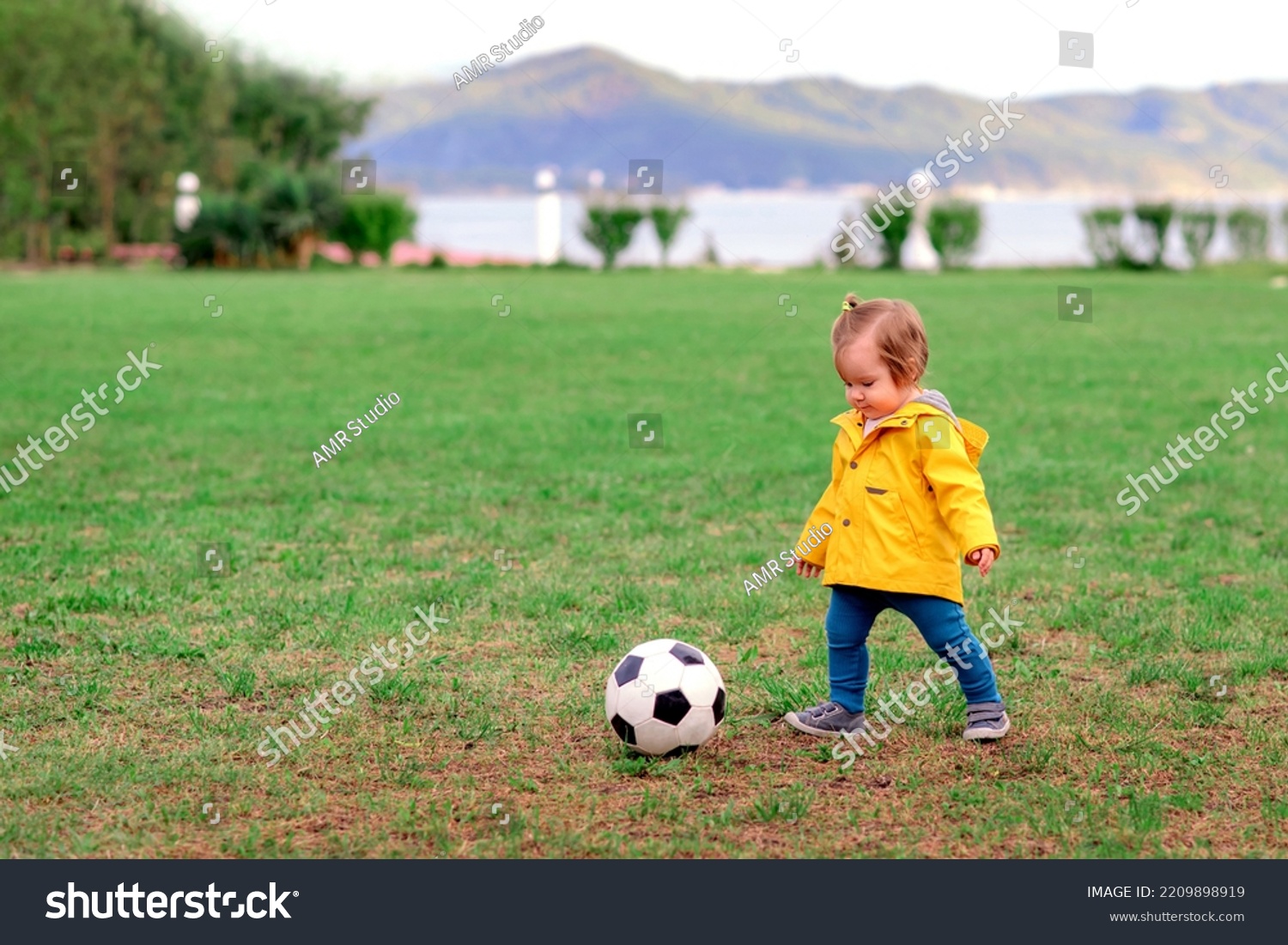 Little Toddler Girl Yellow Jacket Blue Stock Photo 2209898919