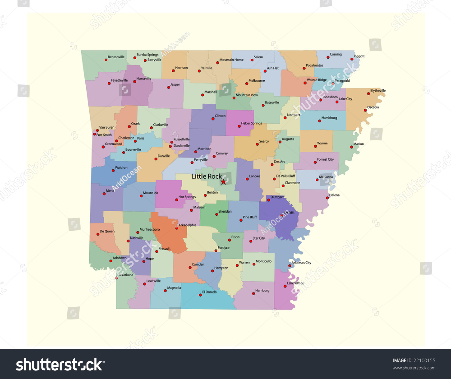 Arkansas County Map County Seats 80 Stock Vector (Royalty Free ...