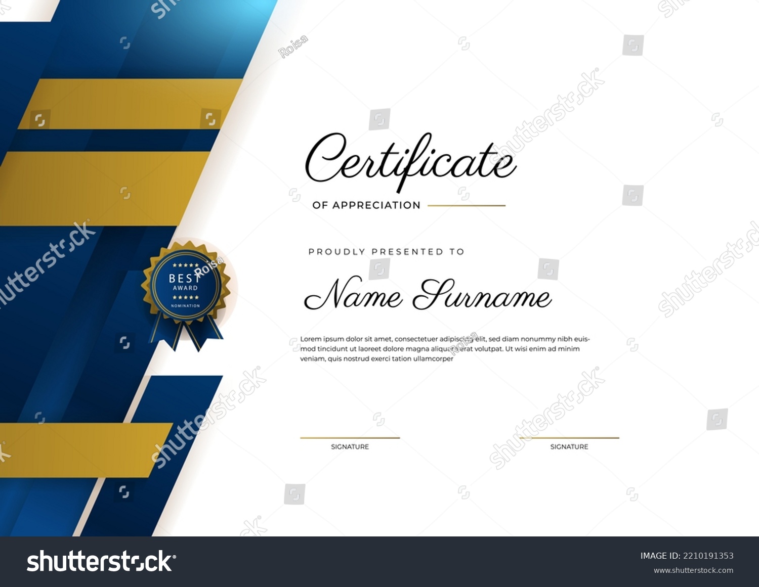 Certificate Appreciation Template Gold Blue Color Stock Vector (Royalty ...