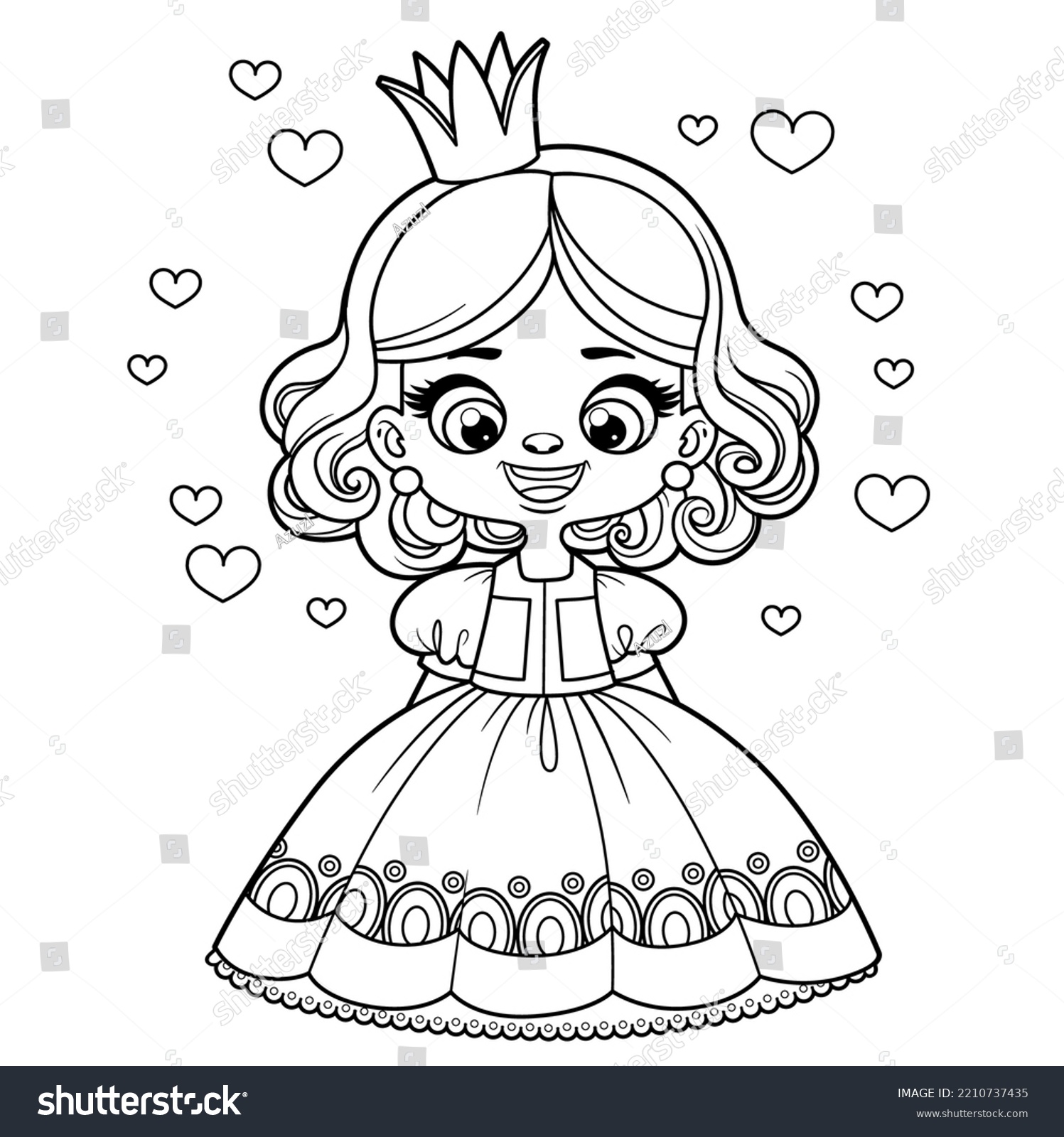 Stock Vector Cute Cartoon Curly Haired Girl In A Princess Dress Outlined For Coloring Page On White Background 2210737435 