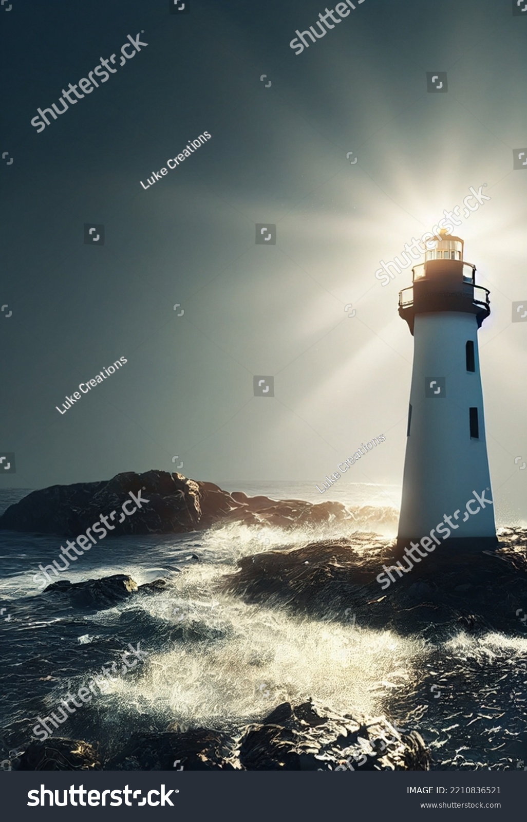 Dramatic Cinematic Depiction Lighthouse Crashing Waves Stock ...