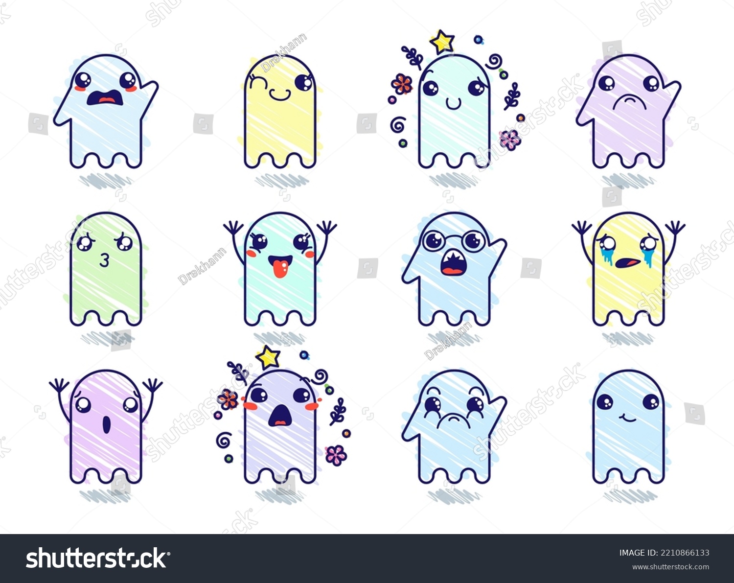 Set Various Cartoon Ghosts Emoticons Doodle Stock Vector (Royalty Free ...