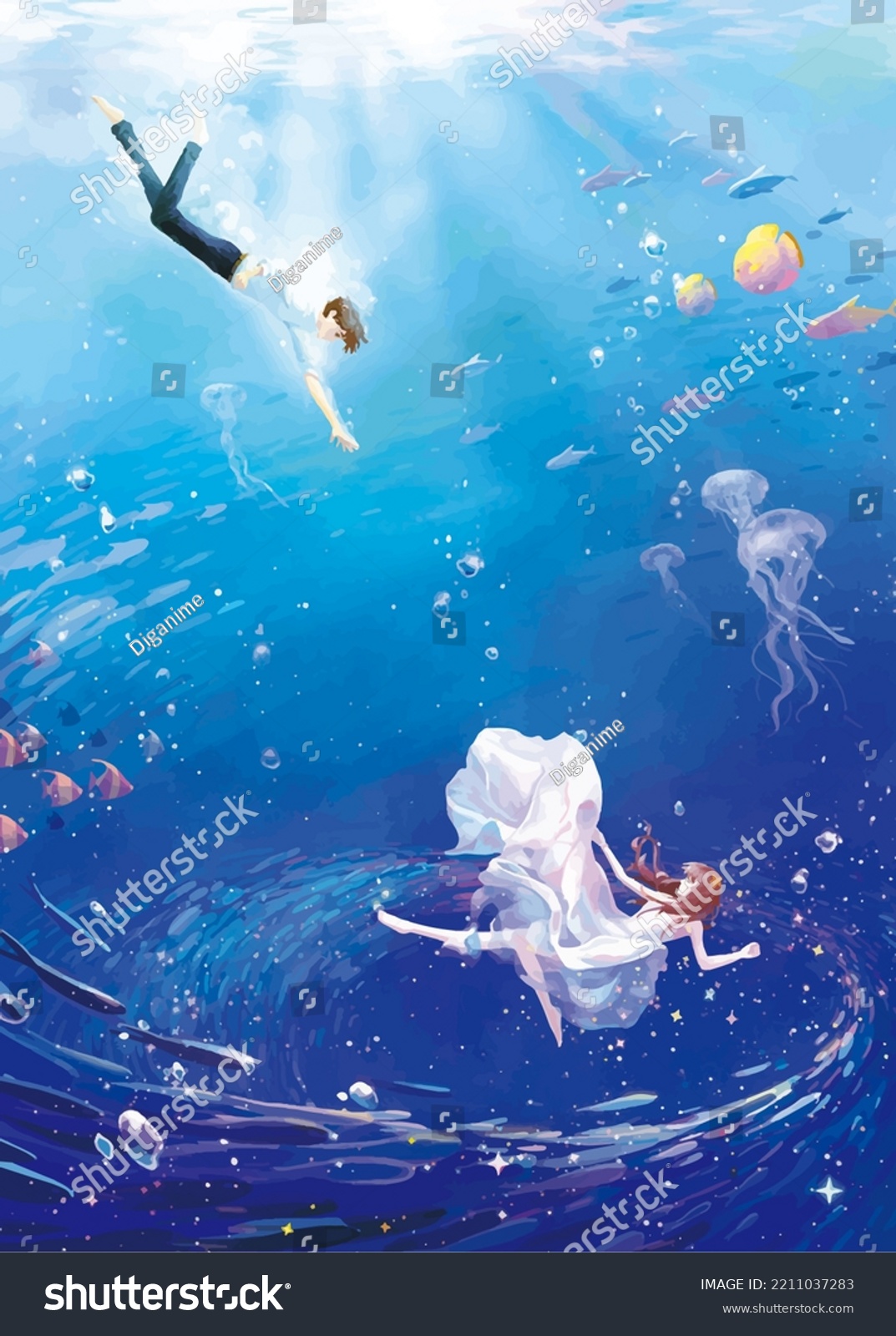 Underwater Painting Couple Anime Digital Art Stock Illustration ...