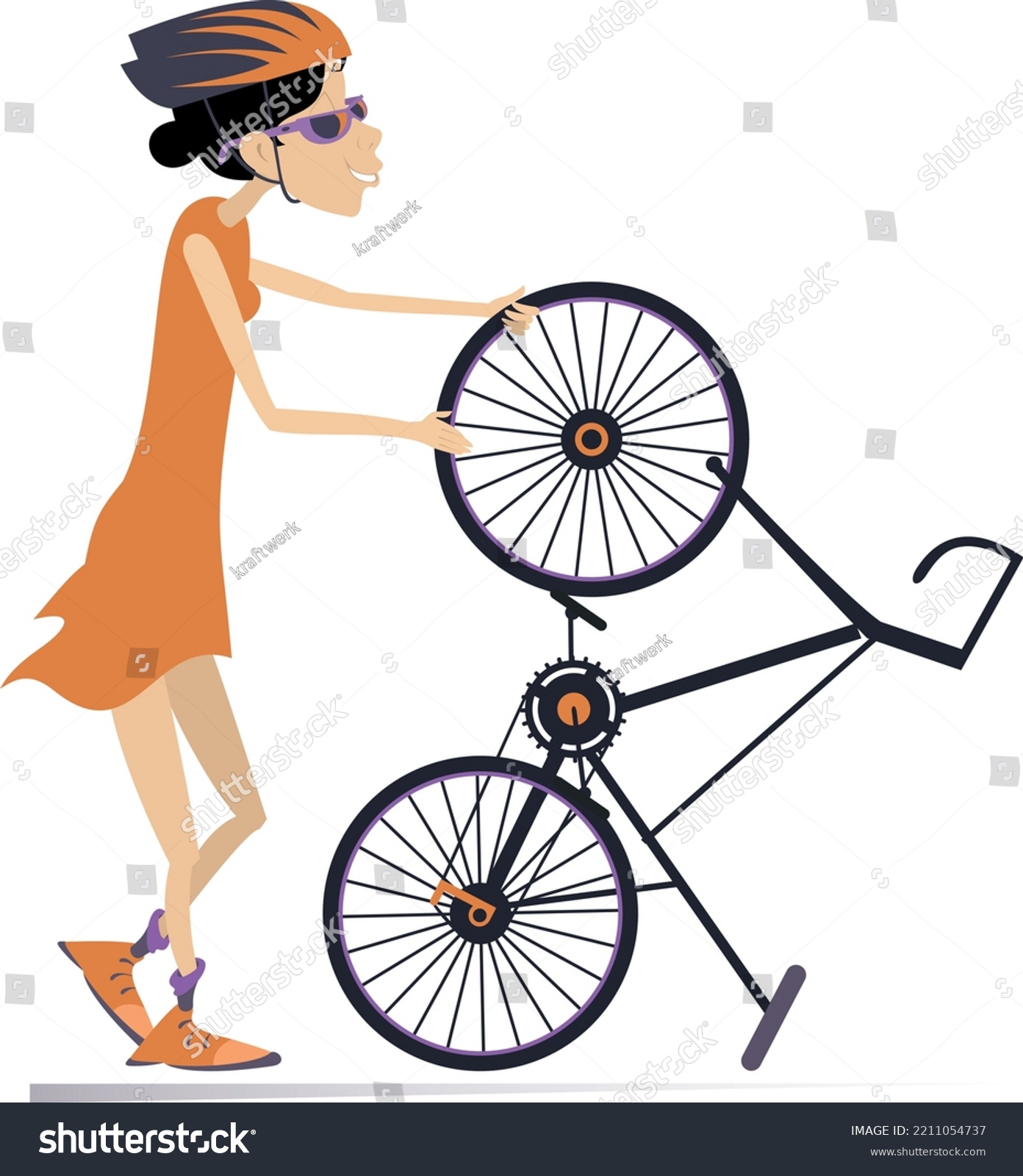 Cyclist Broken Bicycle Sportsperson Repairs Bicycle Stock Vector ...