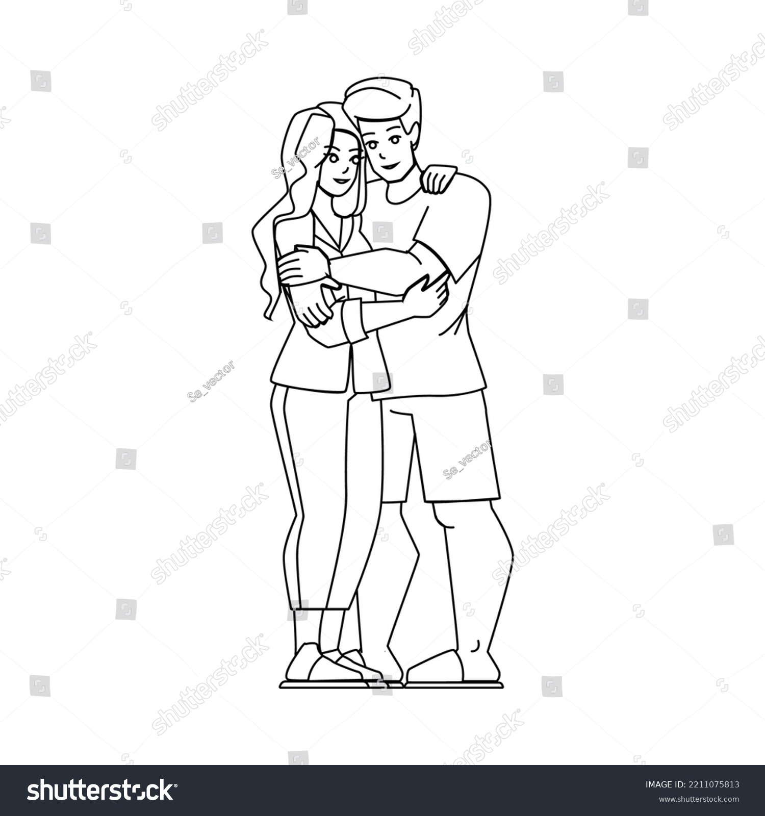 Couple Embracing Line Pencil Drawing Vector Stock Vector (Royalty Free