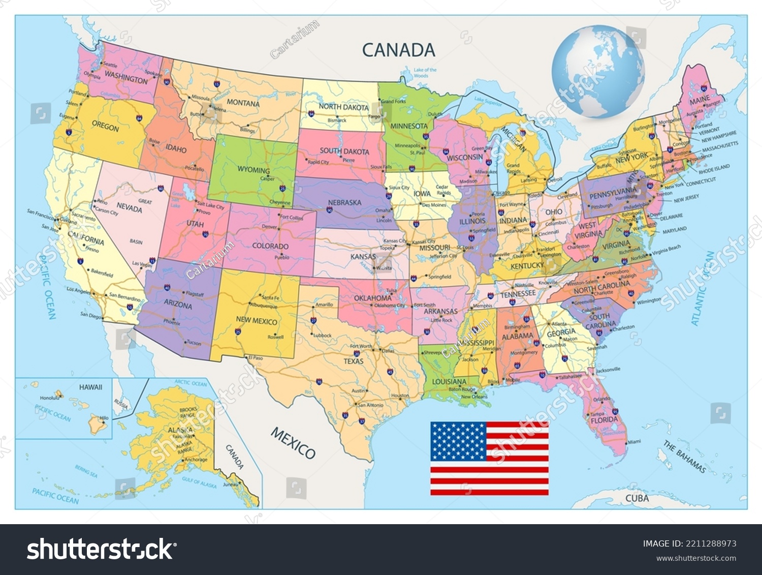 Detailed Administrative Map Usa Cities Towns Stock Vector (Royalty Free ...