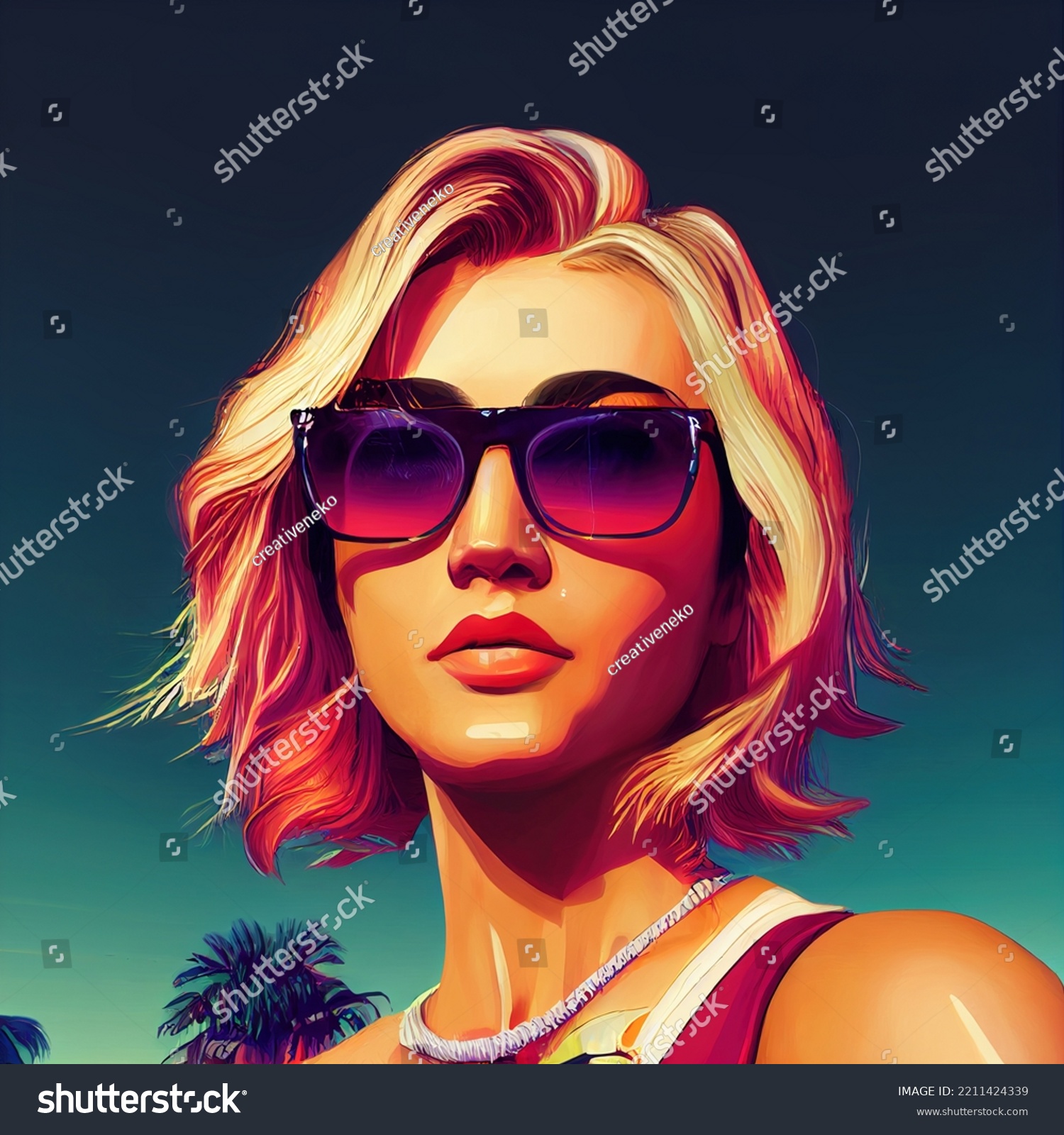 Attractive Young Girl Painting 90s Art Stock Illustration 2211424339   Stock Photo Attractive Young Girl Painting S Art Style Middle Age Woman In Dark Glasses Character Portrait 2211424339 