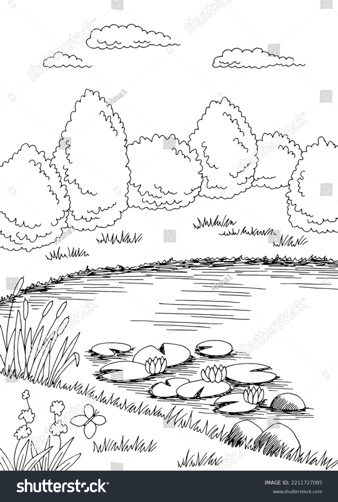 Pond Graphic Black White Landscape Sketch Stock Vector (Royalty Free ...