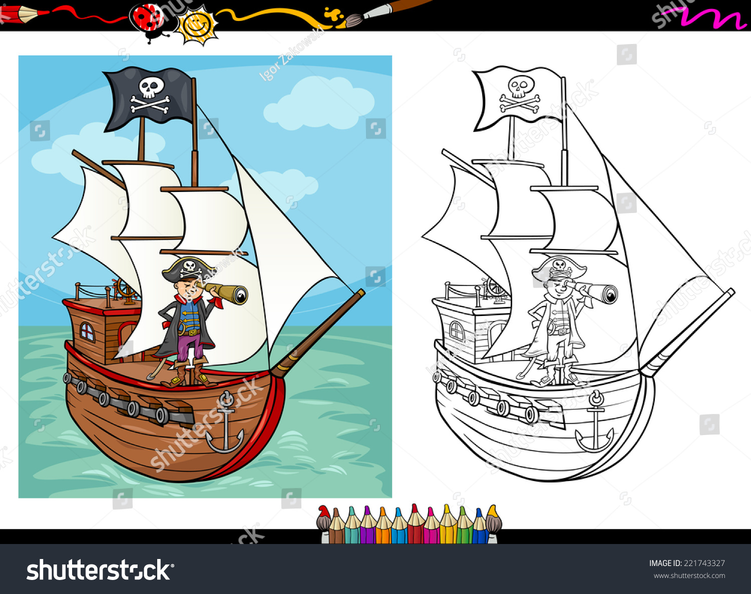 Корабль пиратов раскраска цветная