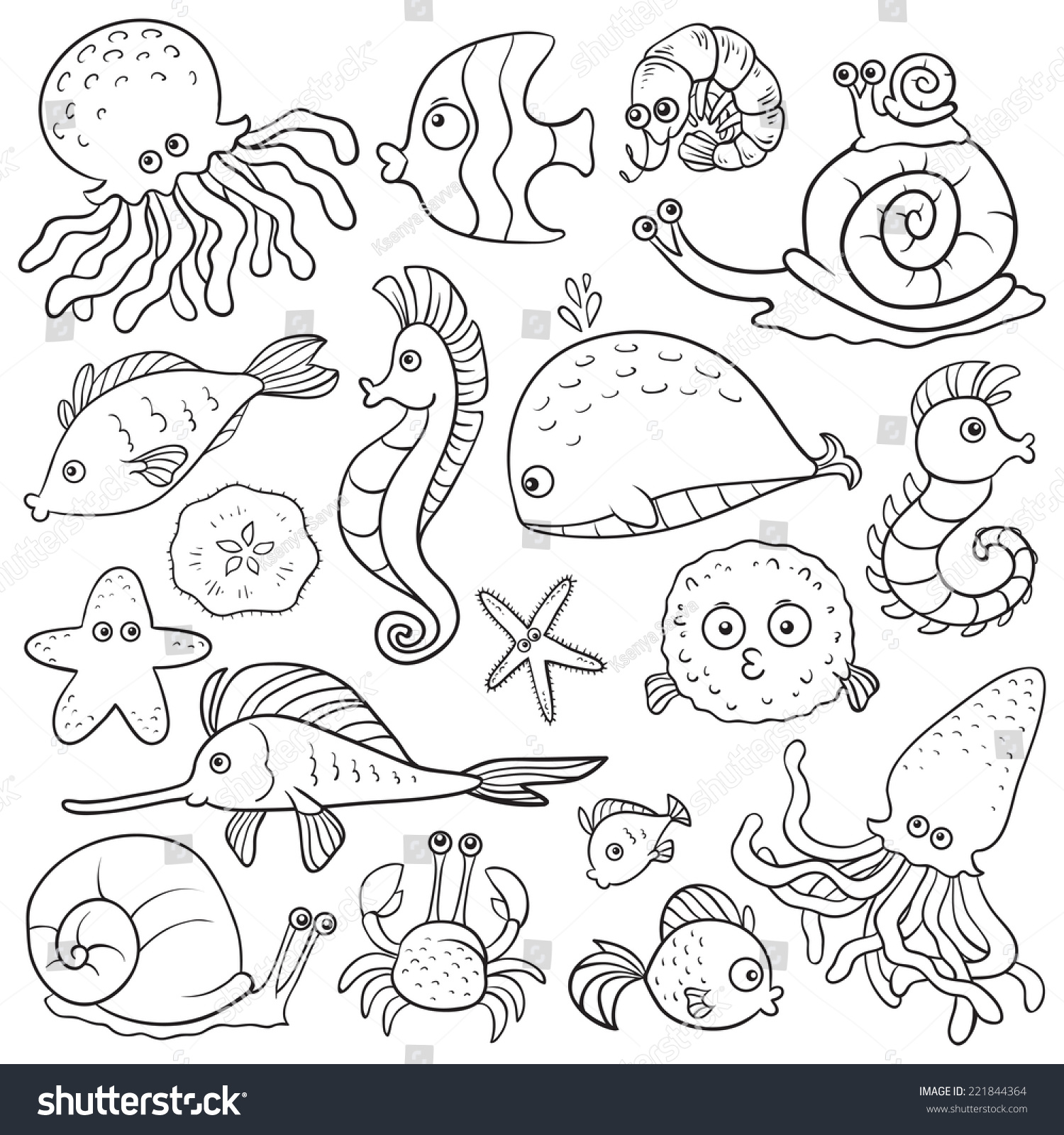 Coloring Book Sea Life Set Vector Stock Vector (Royalty Free) 221844364 ...