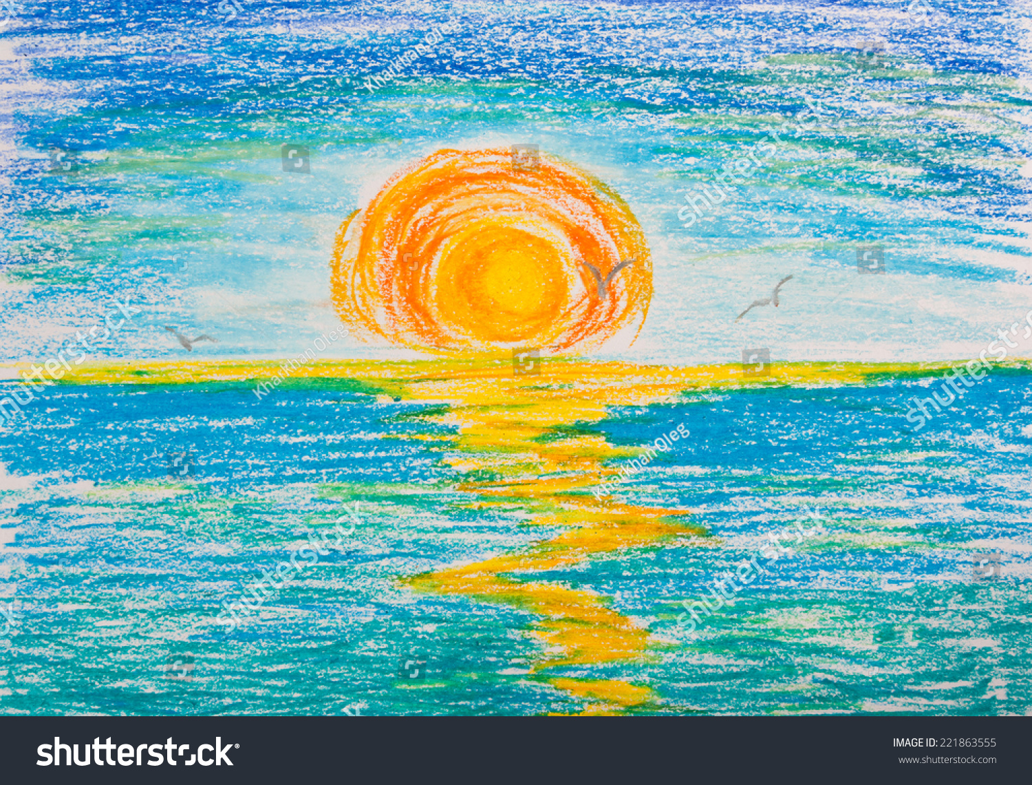 Солнце на море цветные карандаши