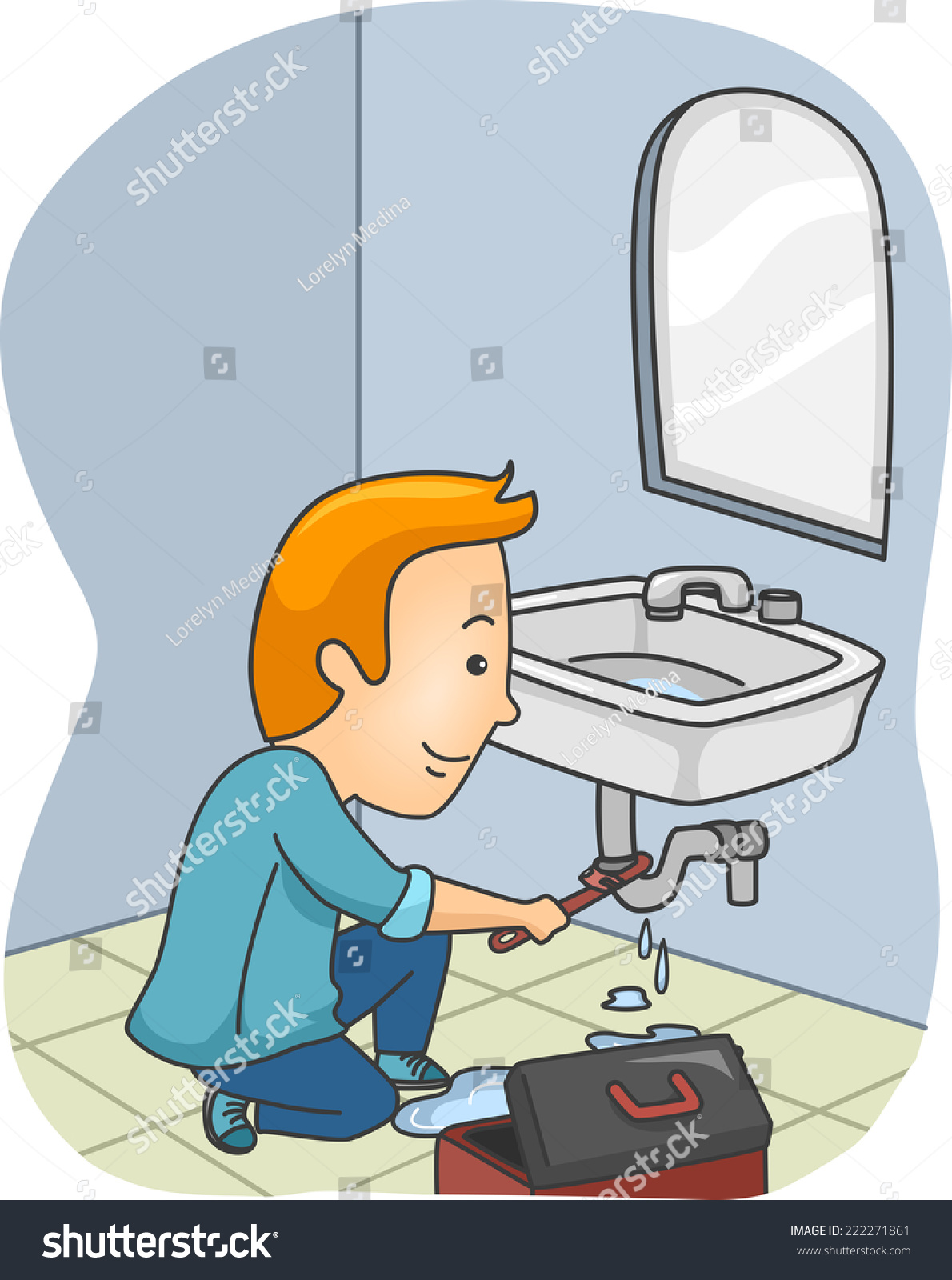 Vektor Stok Illustration Featuring Plumber Fixing Leaking Pipe Tanpa