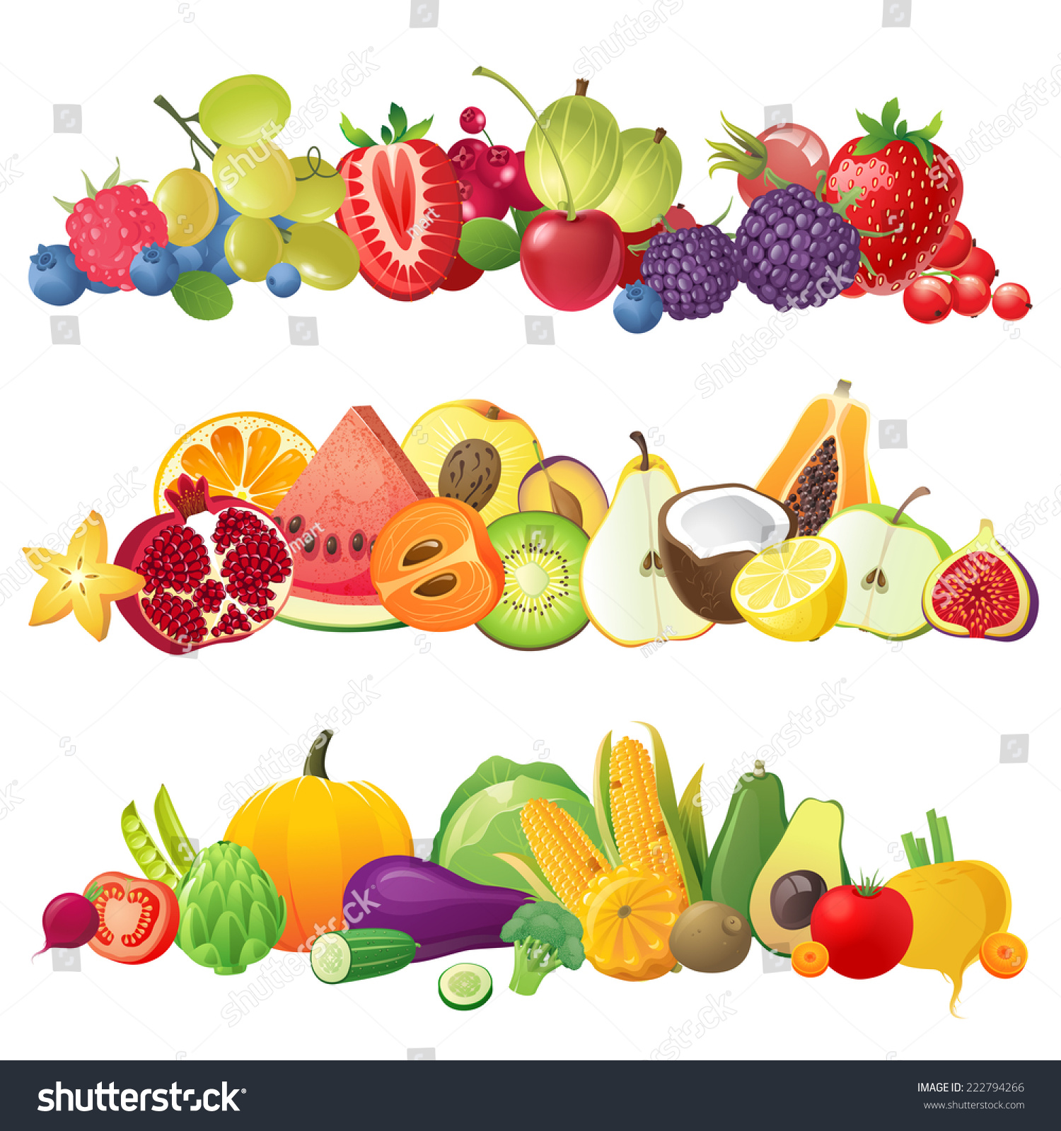 3 Fruits Vegetables Berries Horizontal Borders Stock Vector (Royalty ...