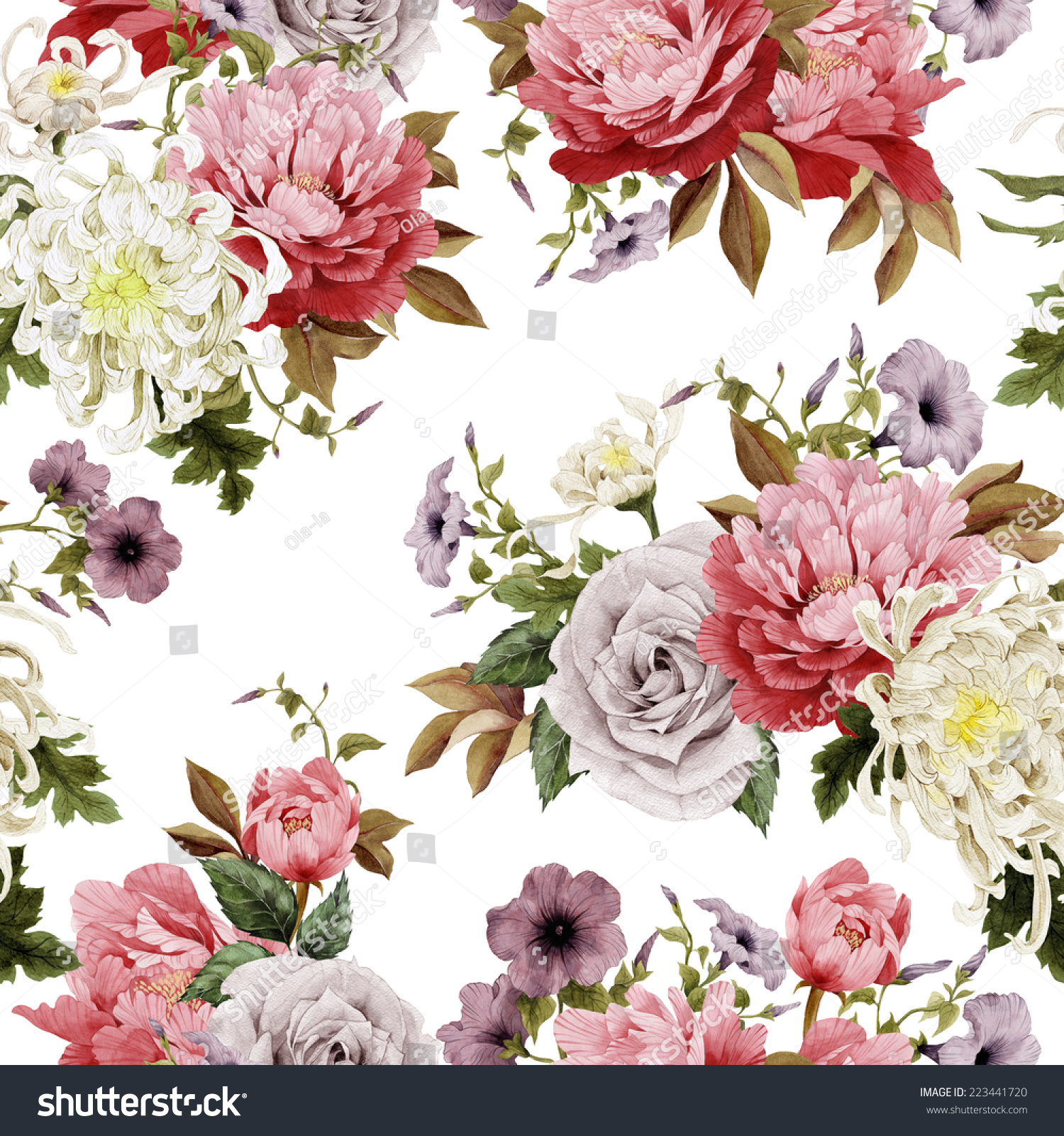 Seamless Floral Roses Chrysanthemum Peonies On Stock Illustration