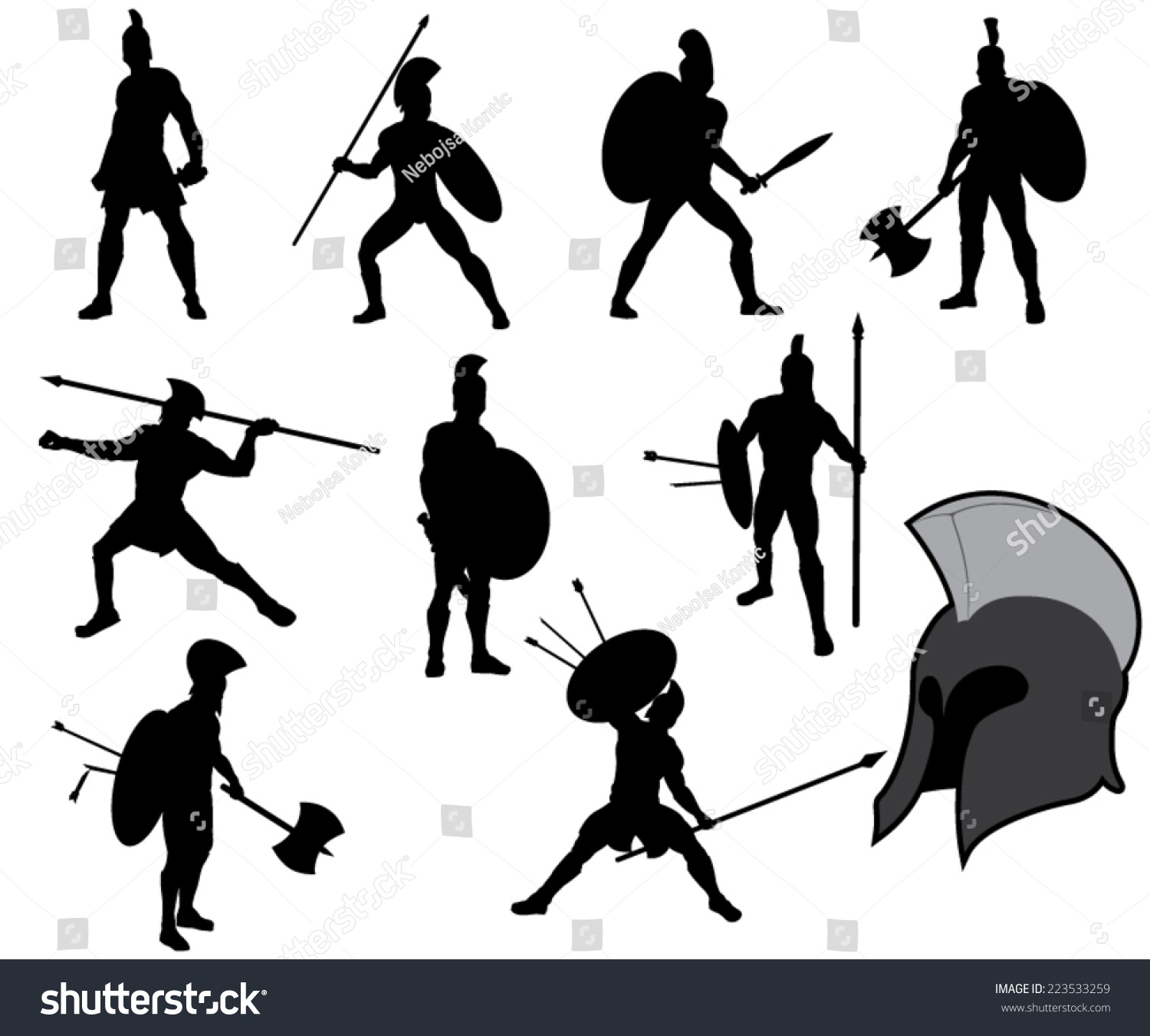 Set Ancient Greek Warriors Silhouettes Vector Stock Vector Royalty