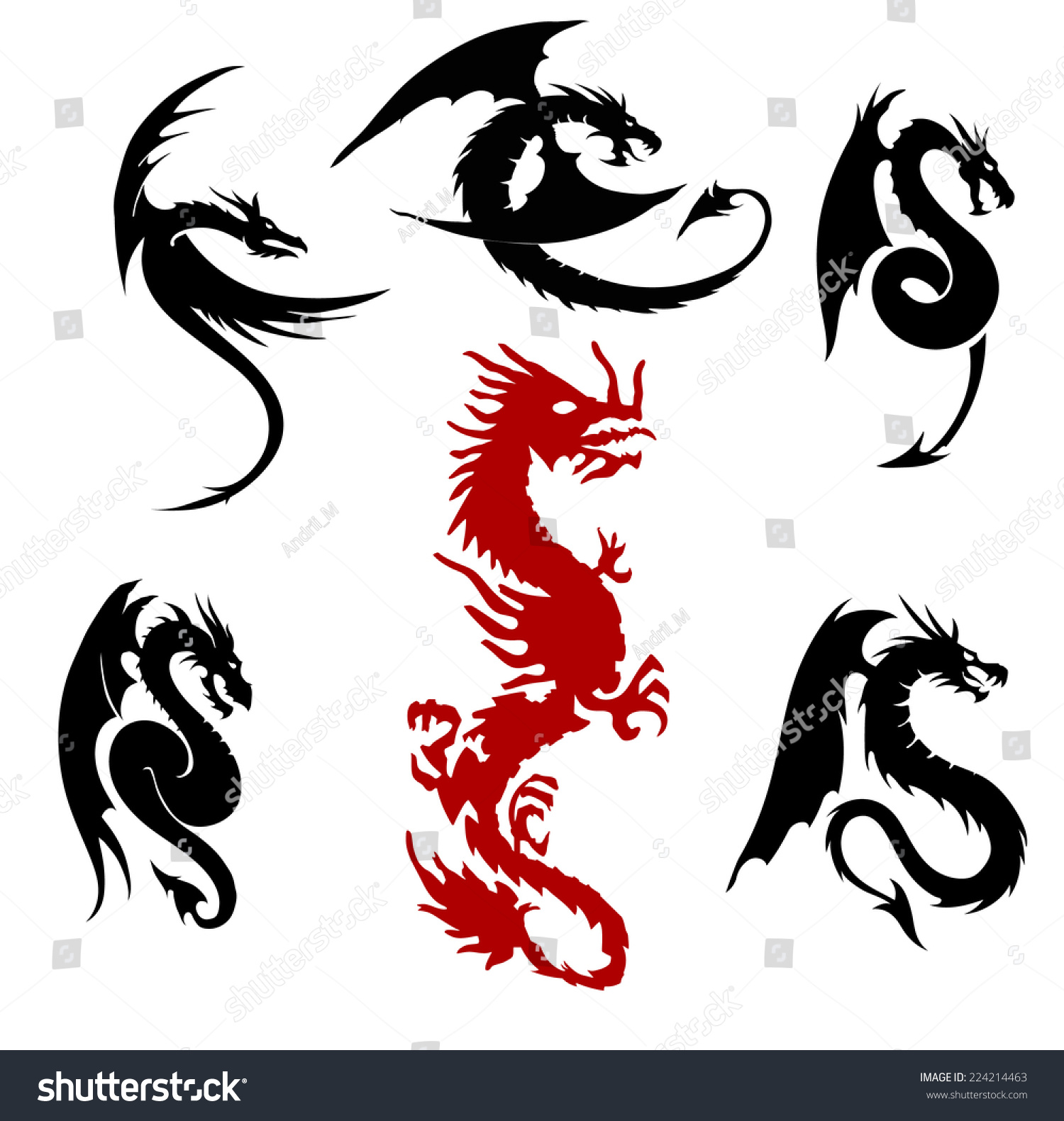 Dragon Silhouettes Set Isolated On White Stock Vector (Royalty Free ...