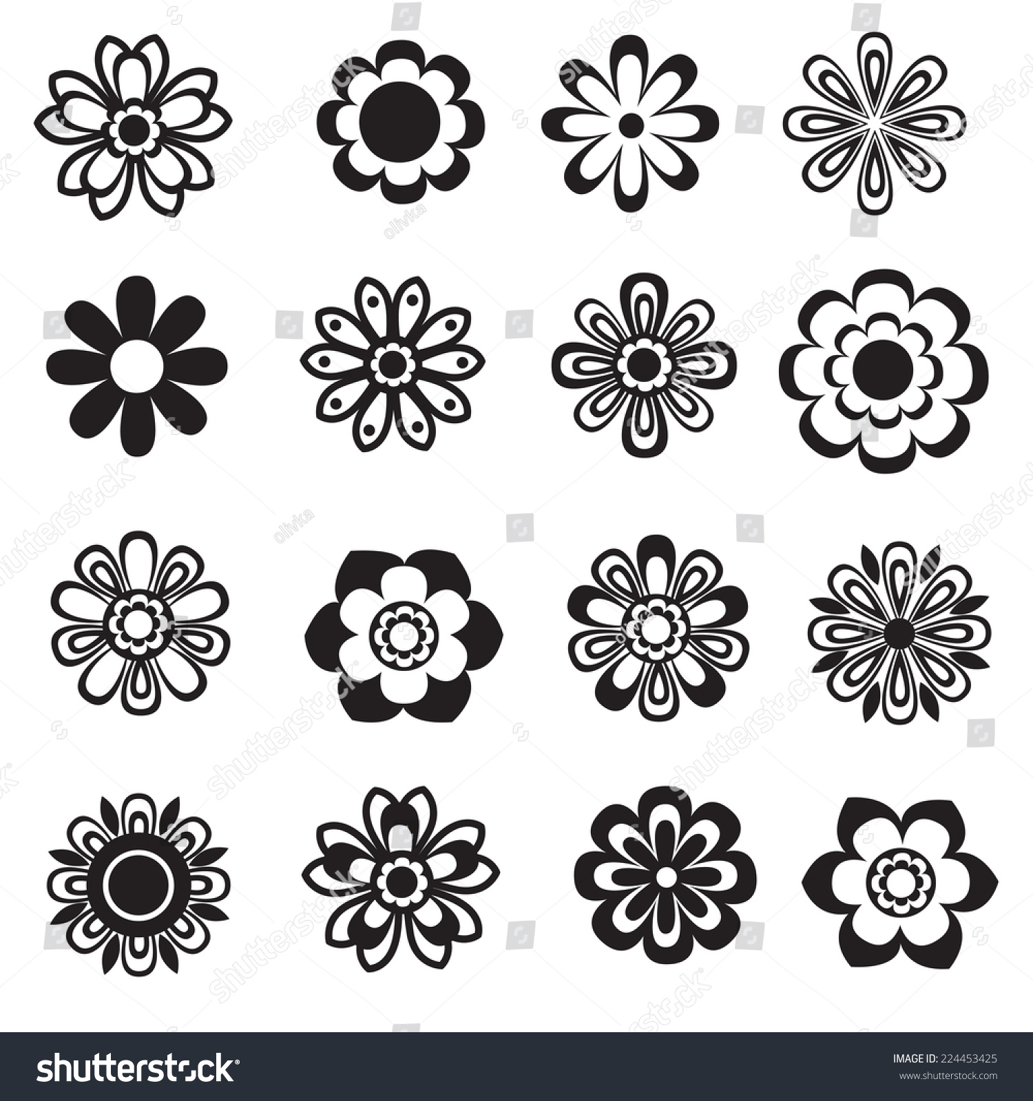 Vector Set Black White Flowers Stock Vector (Royalty Free) 224453425 ...