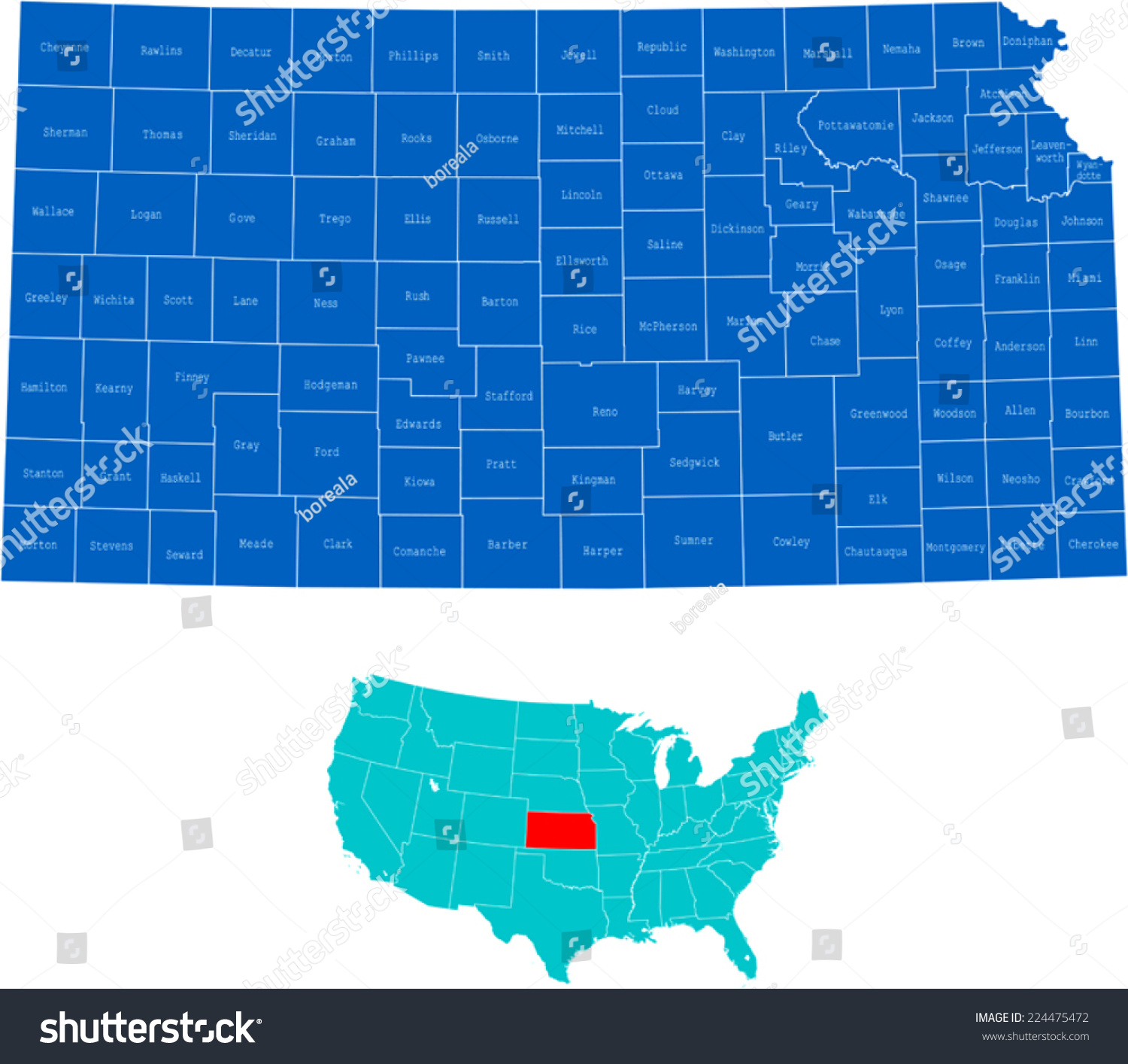 Kansas Map Stock Vector Royalty Free 224475472 Shutterstock   Stock Vector Kansas Map 224475472 