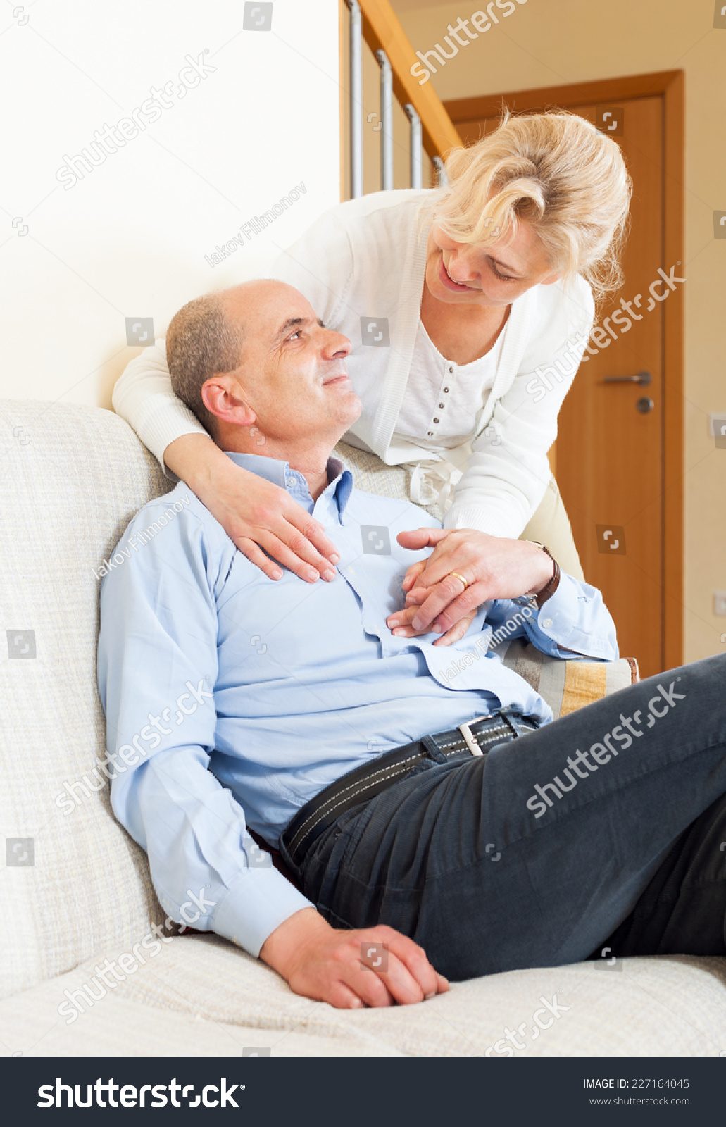 Happy Senior Man Mature Wife Home Stock